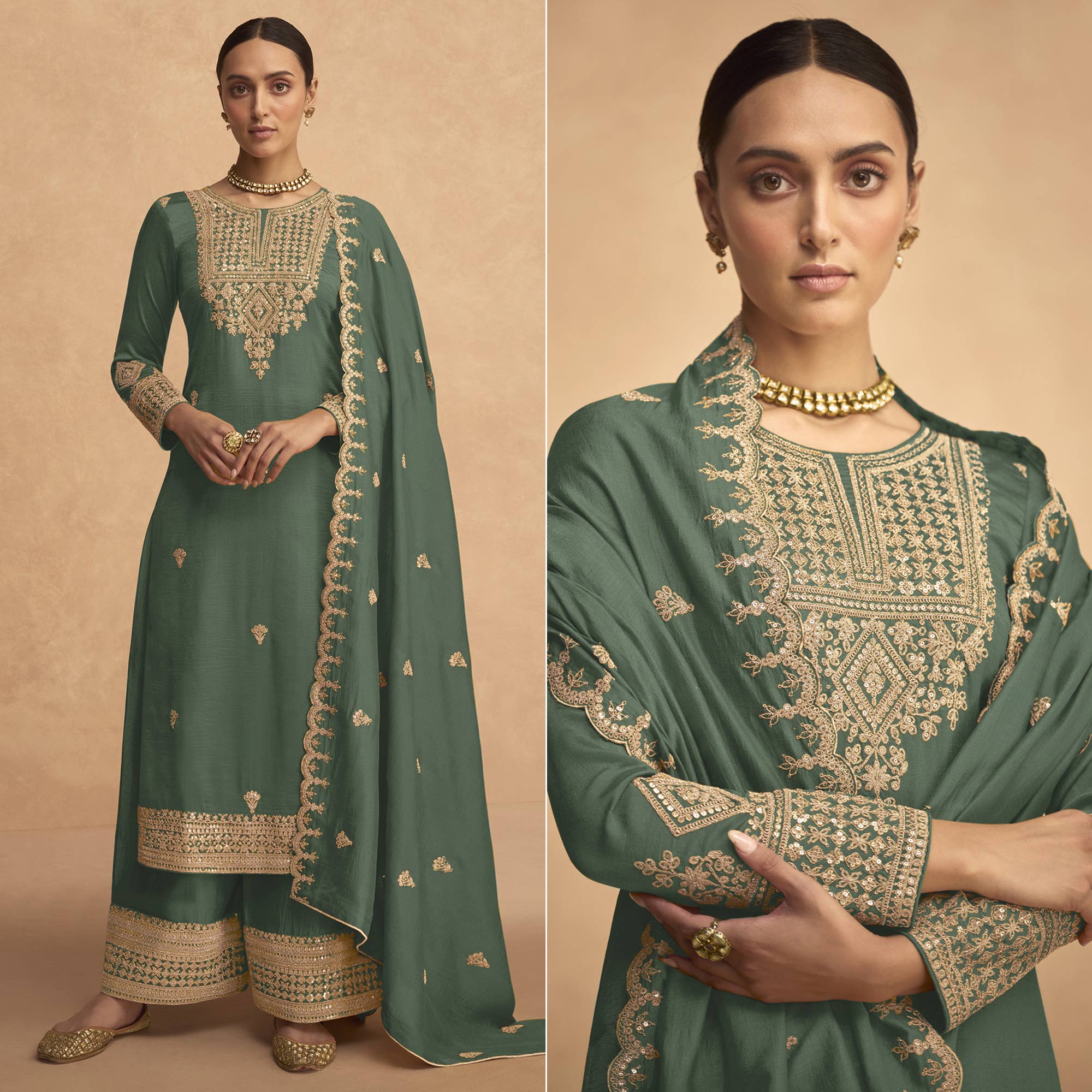 Green Sequins Embroidered Georgette Palazzo Suit