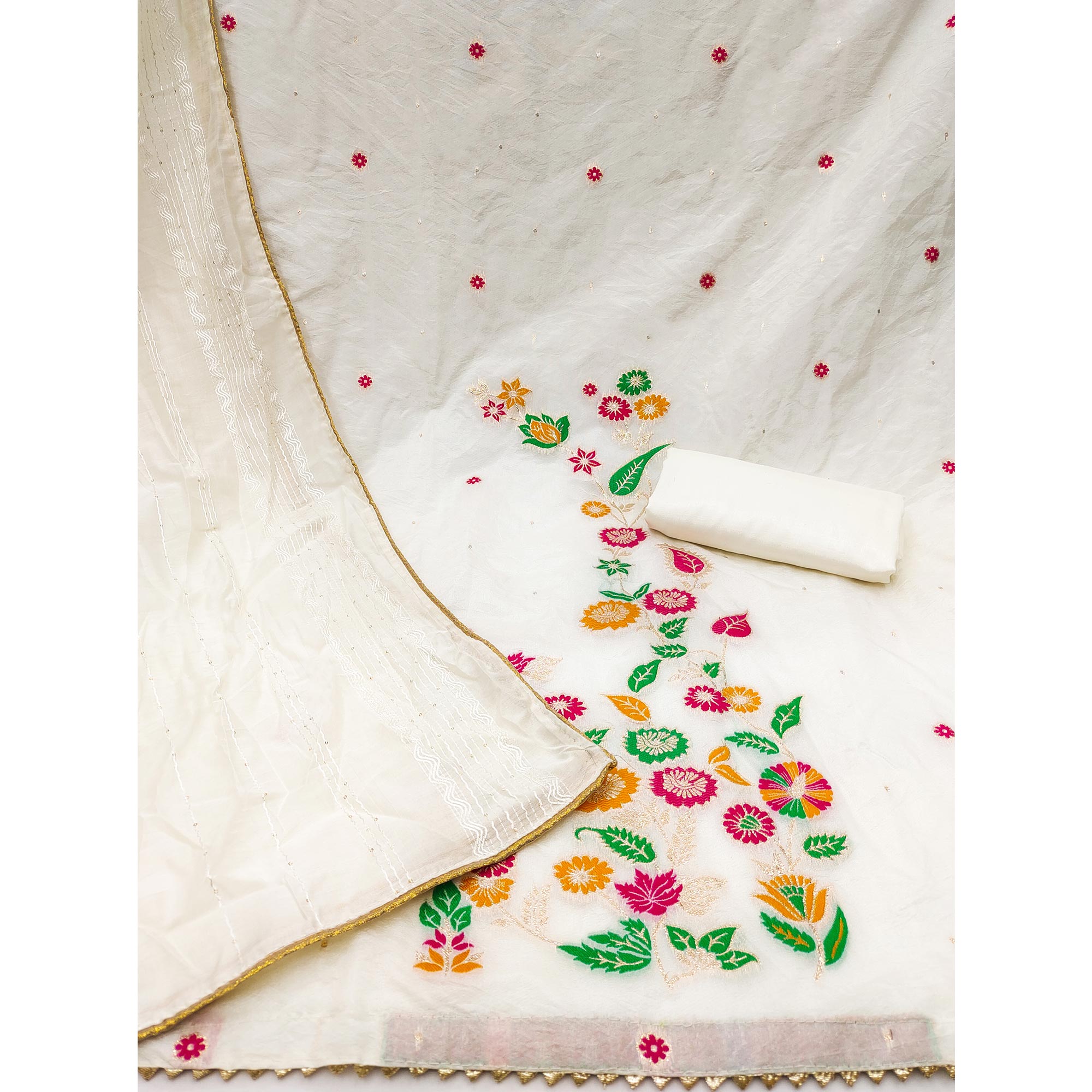 White Floral Woven Banarasi Silk Dress Material