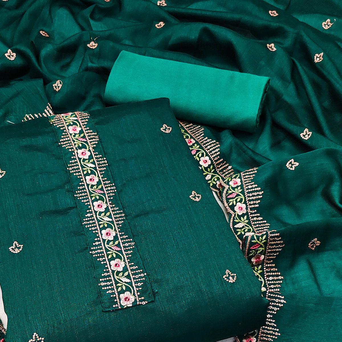 Rama Green Floral Embroidered Vichitra Silk Dress Material