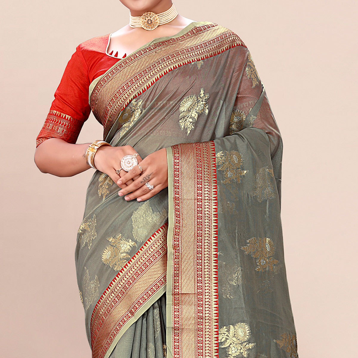 Grey Woven Organza Saree With Tassels