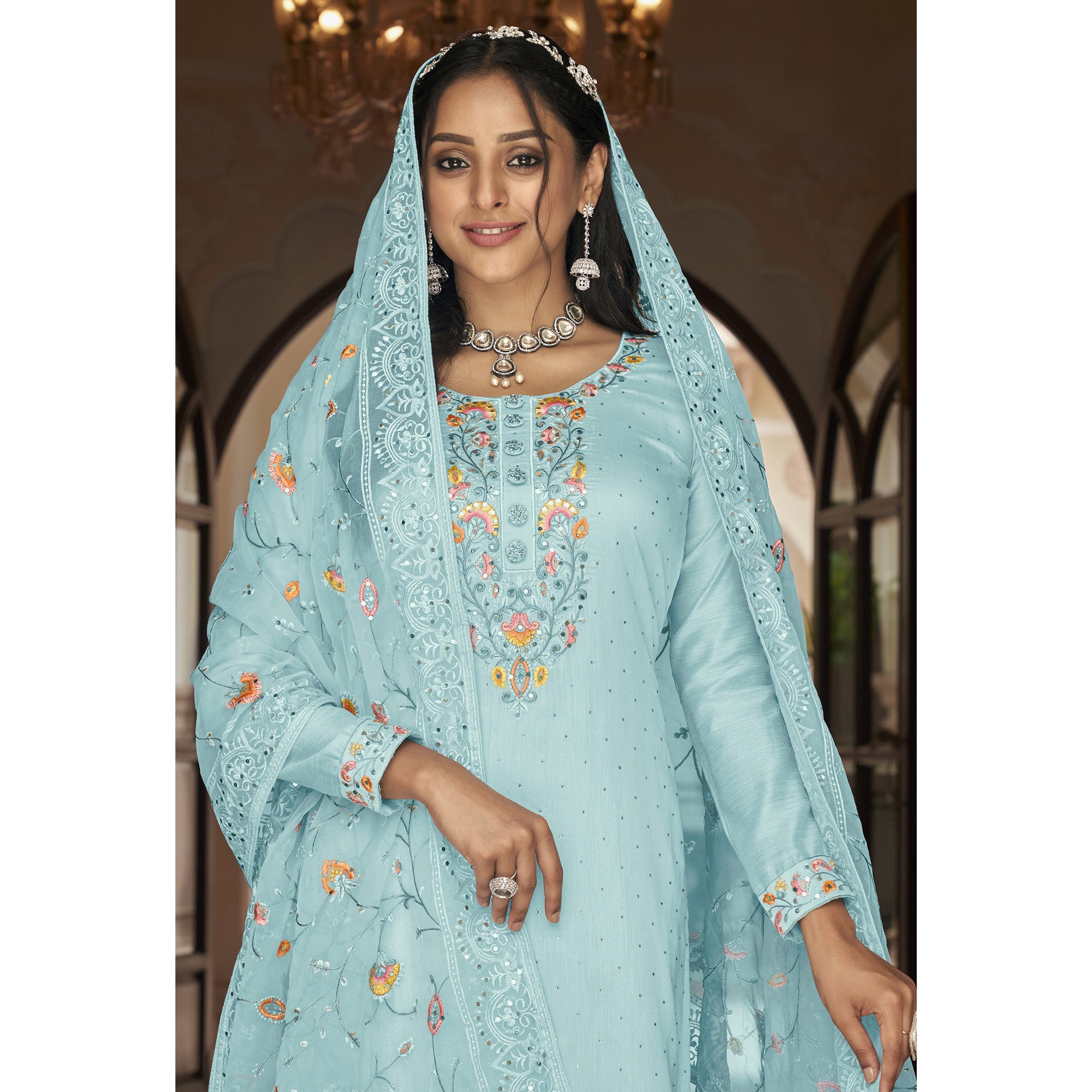 Sky Blue Floral Embroidered Georgette Salwar Suit