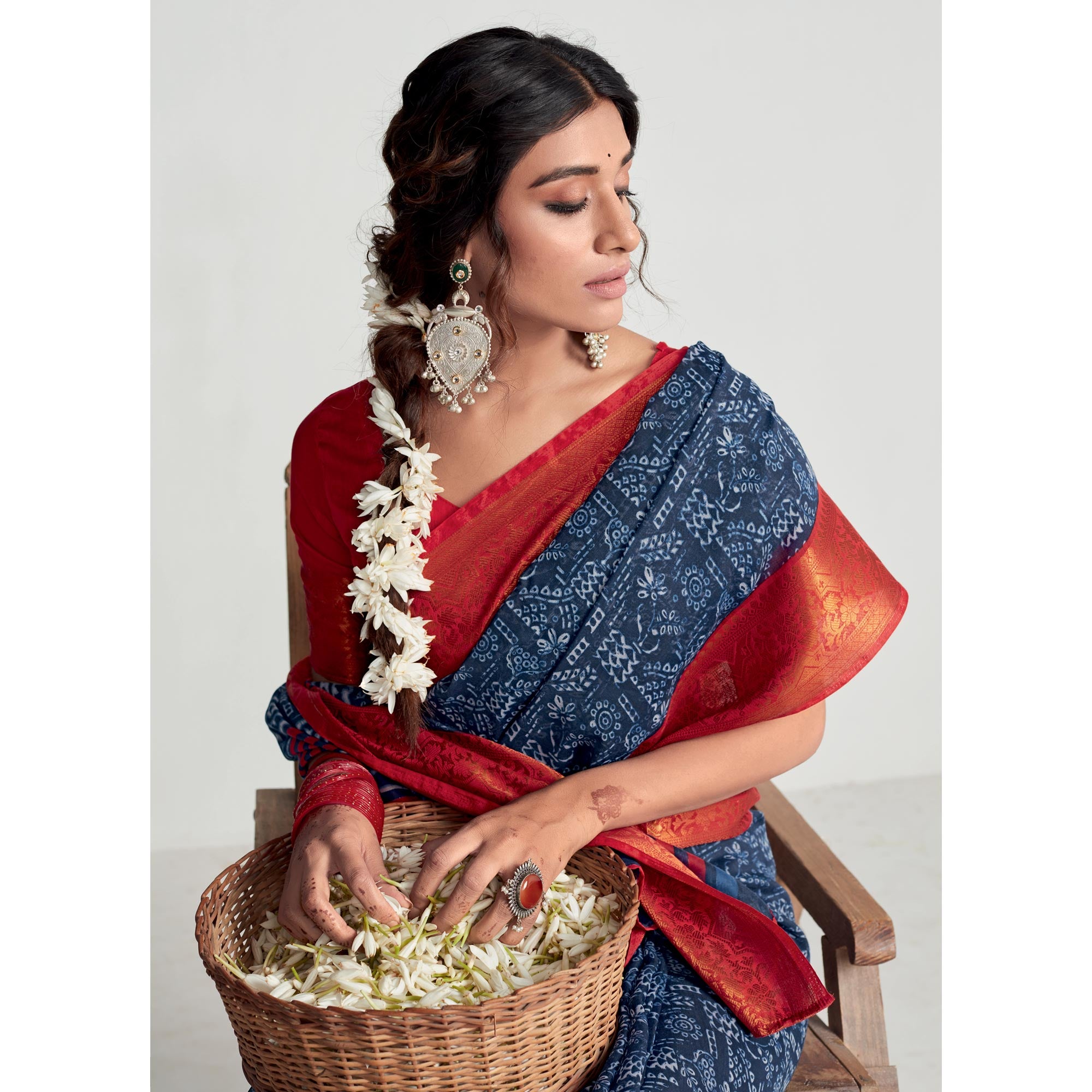 Blue Printed With Woven Border Cotton Blend Saree