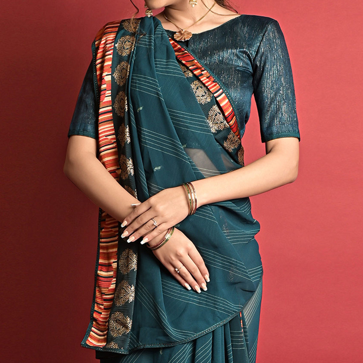 Teal Blue Printed Georgette Saree