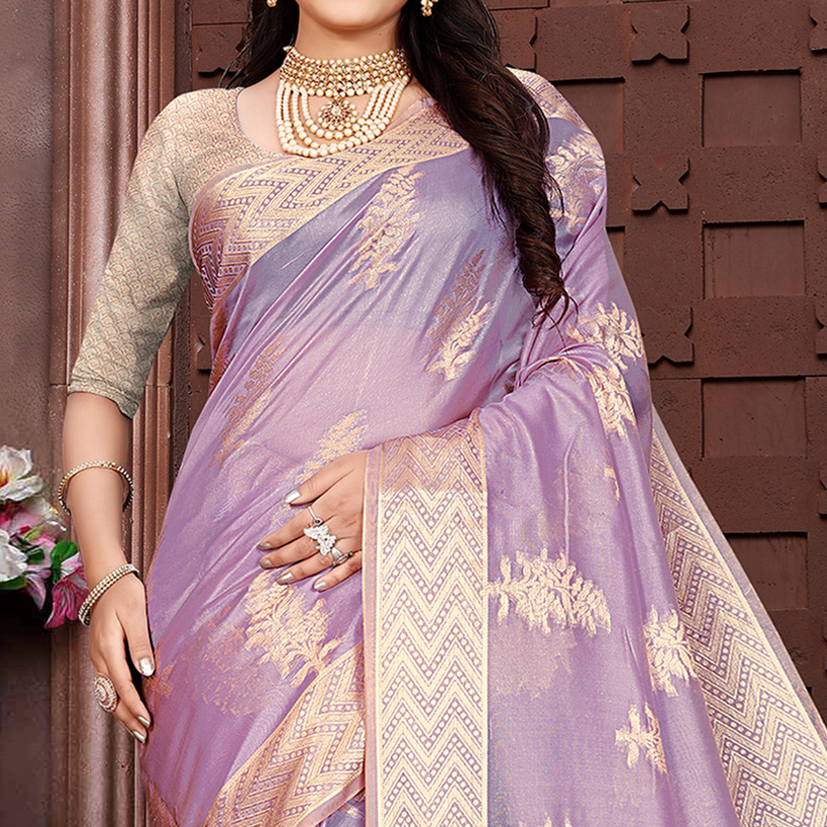 Light Purple Floral Woven Organza Saree