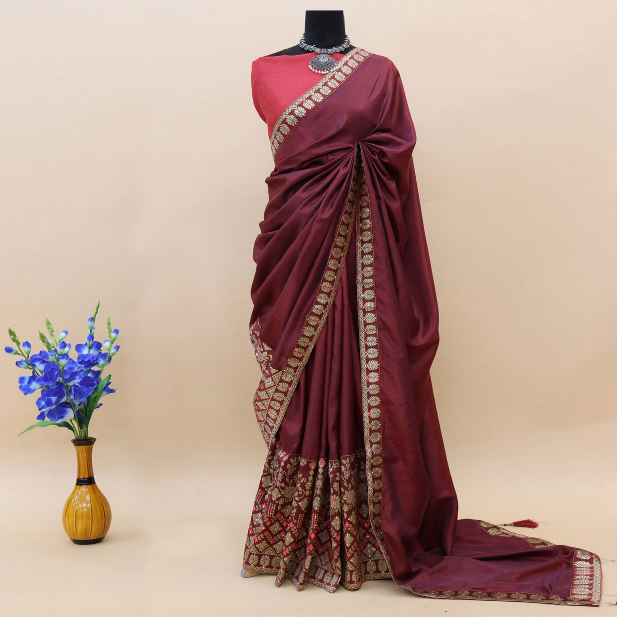 Maroon Woven With Stone Work Art Silk Saree