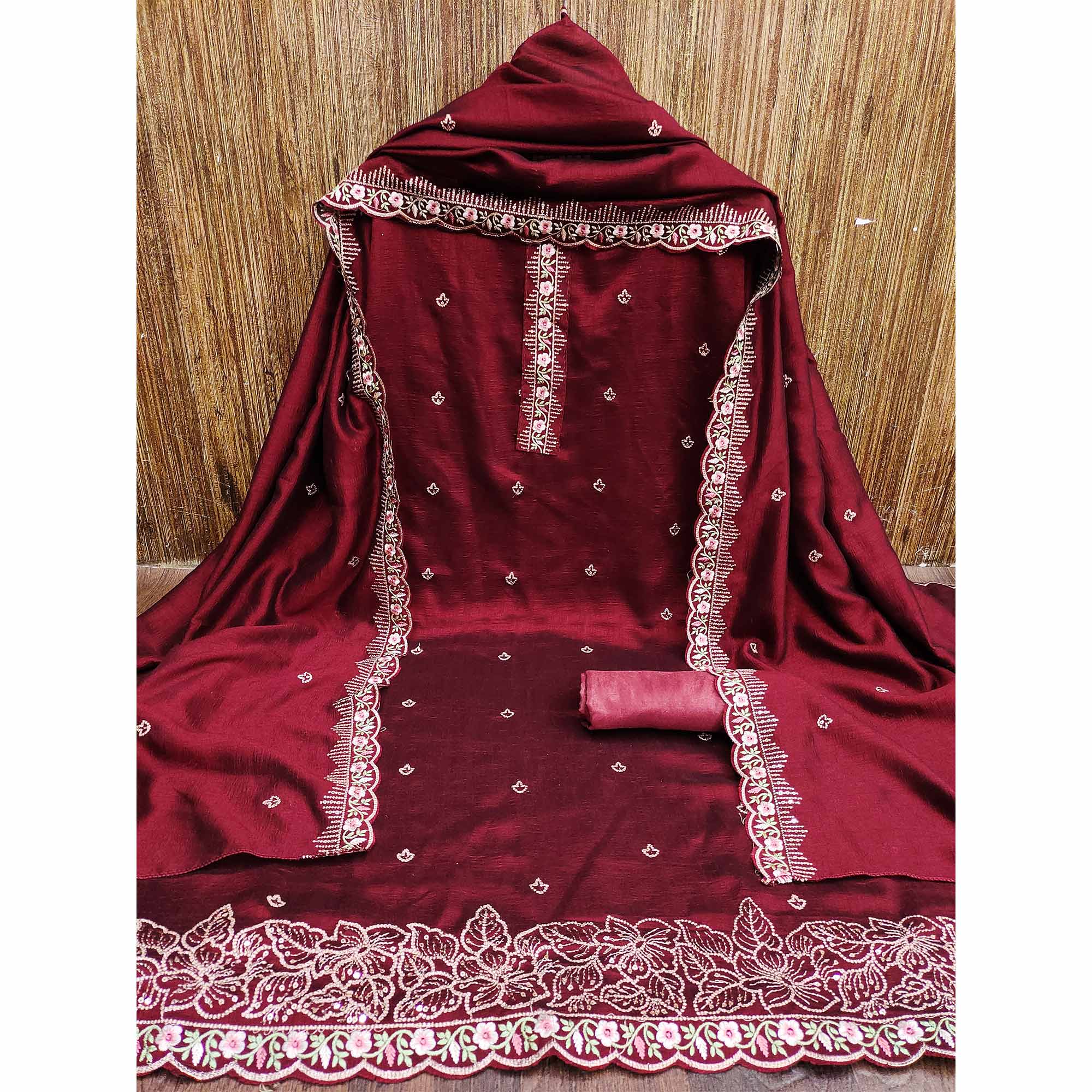 Maroon Floral Embroidered Vichitra Silk Dress Material