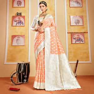 Peach Woven Cotton Silk Saree With Tassels