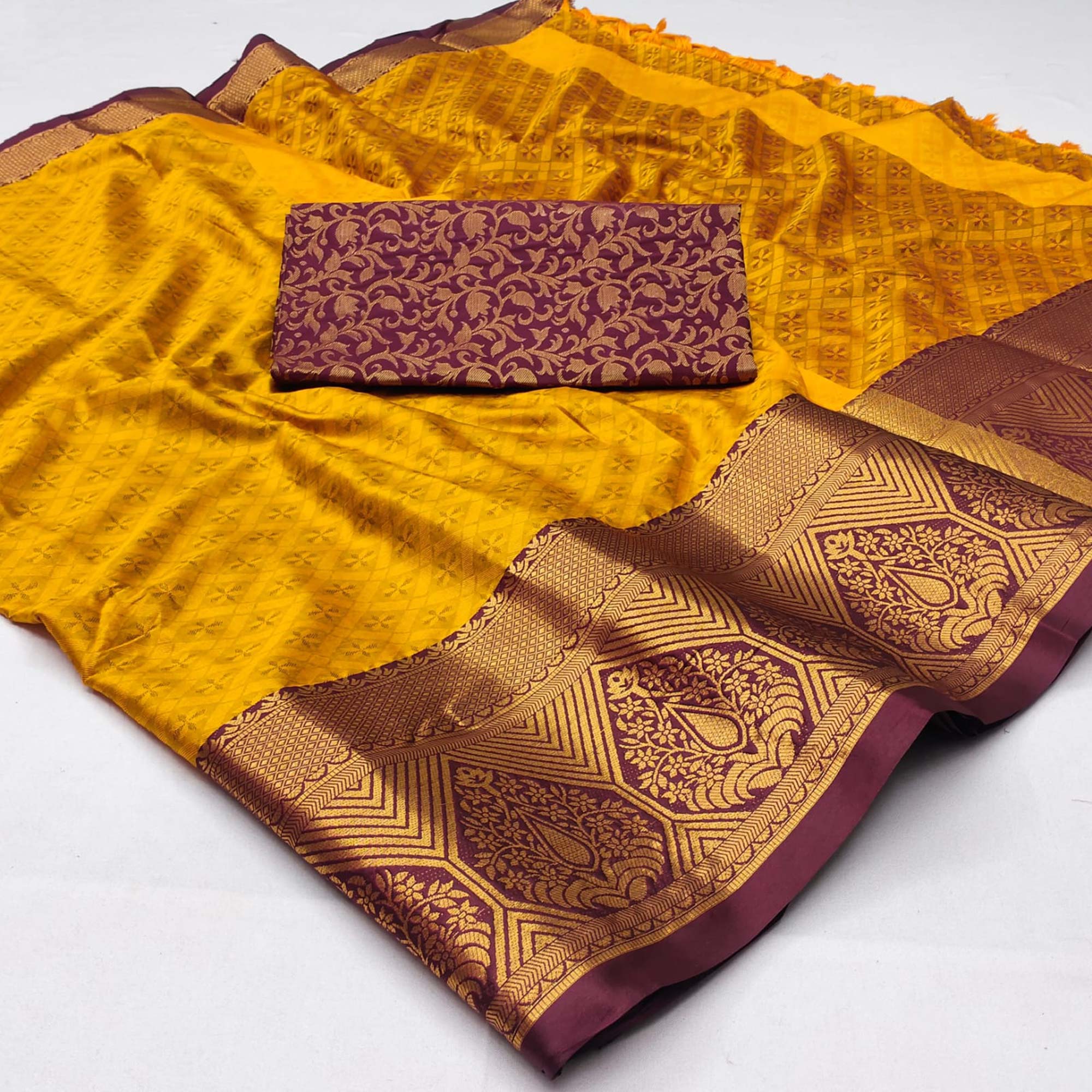 Mustard Woven Cotton Silk Saree With Tassels