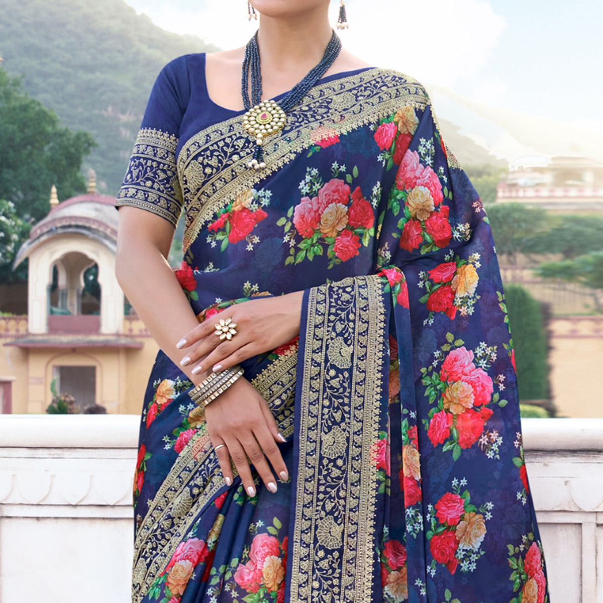 Navy Blue Floral Printed With Embroidered Organza Saree