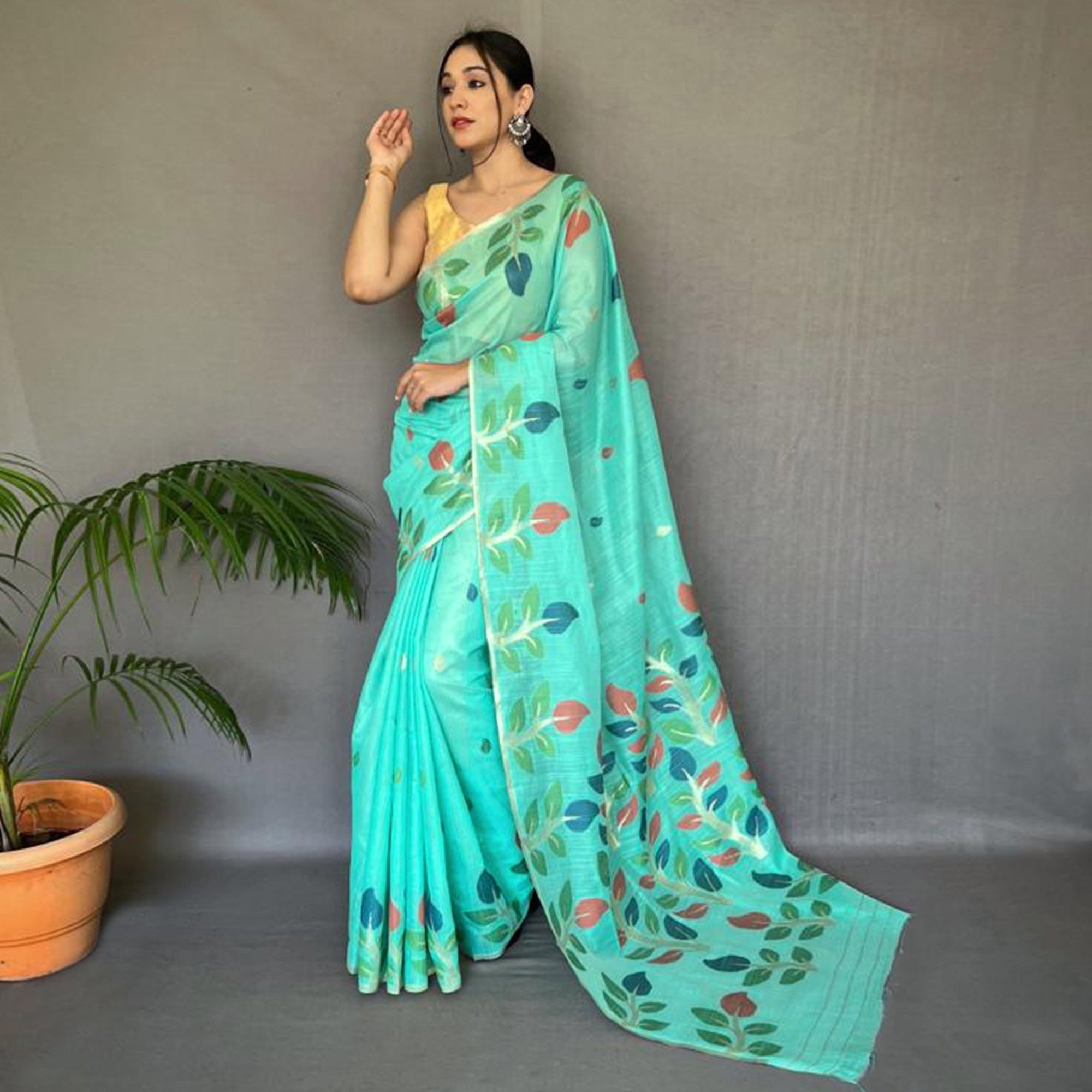 Rama Green Floral Woven Cotton Saree
