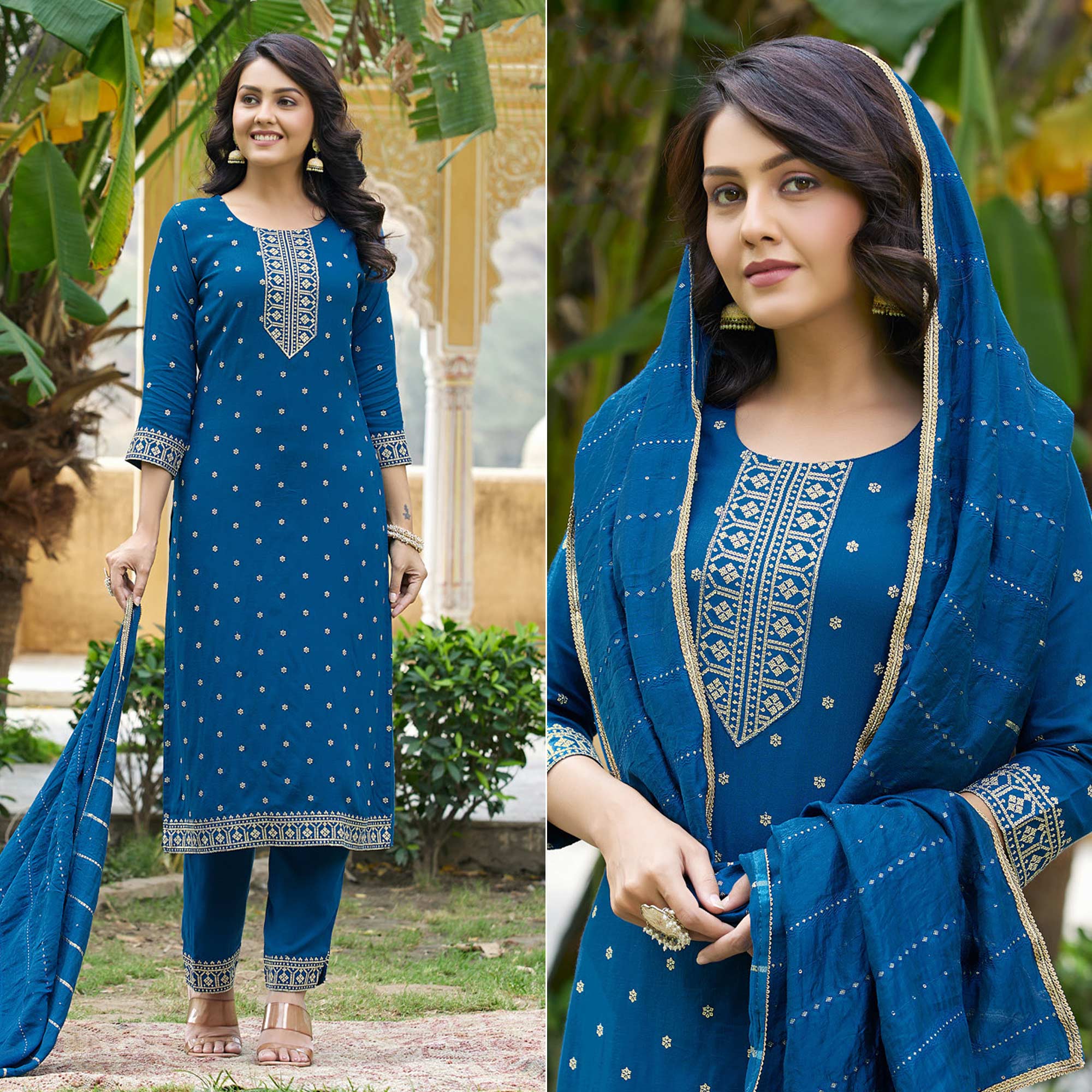 Blue Embroidered Cotton Salwar Suit