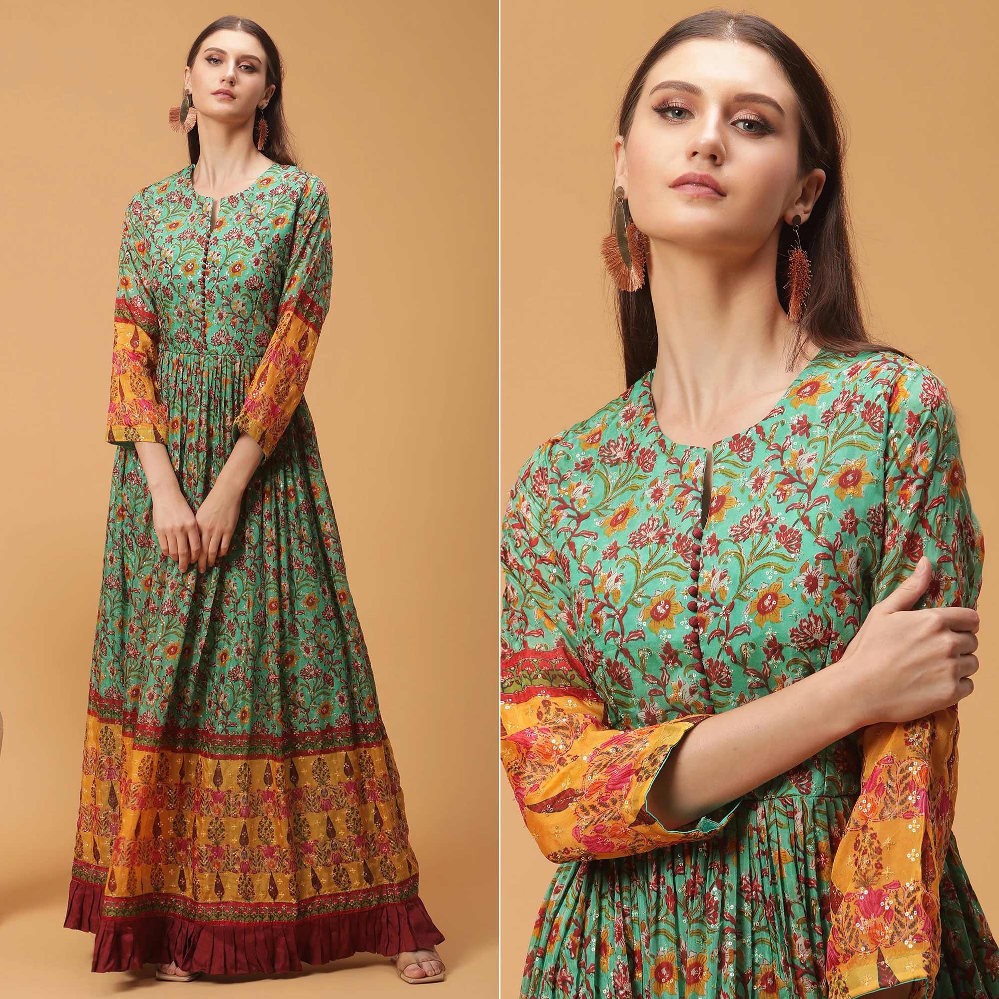 Green Digital Printed Dola Silk Gown