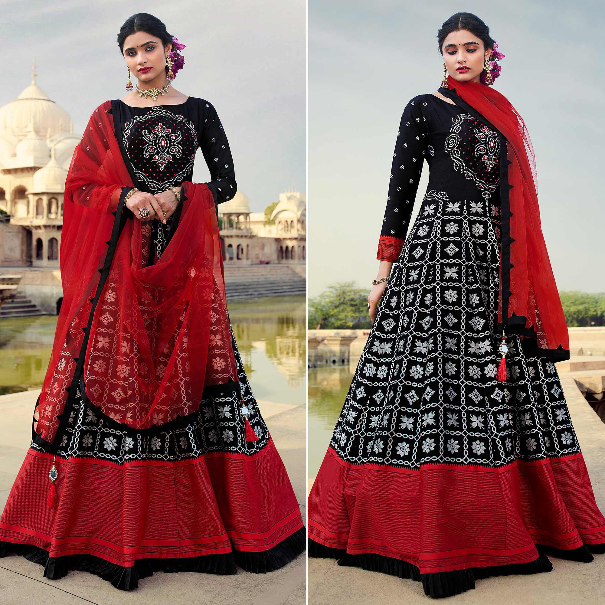 Black Weaving With Mirror Work Jacquard Gown