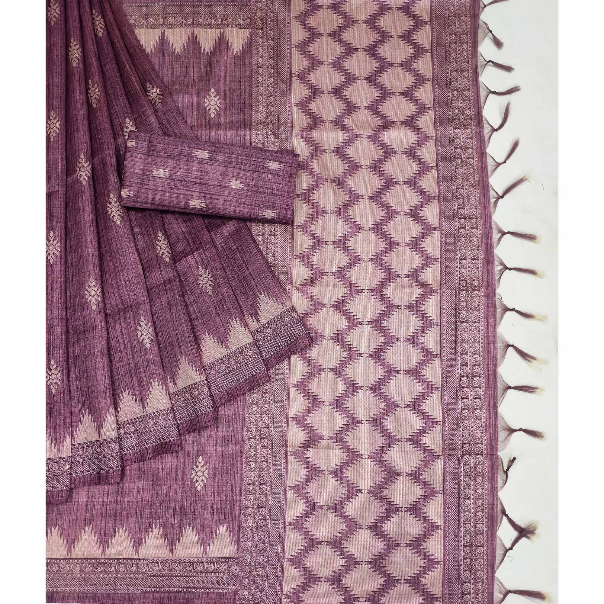 Purple Printed Tussar Silk Saree With Tassels