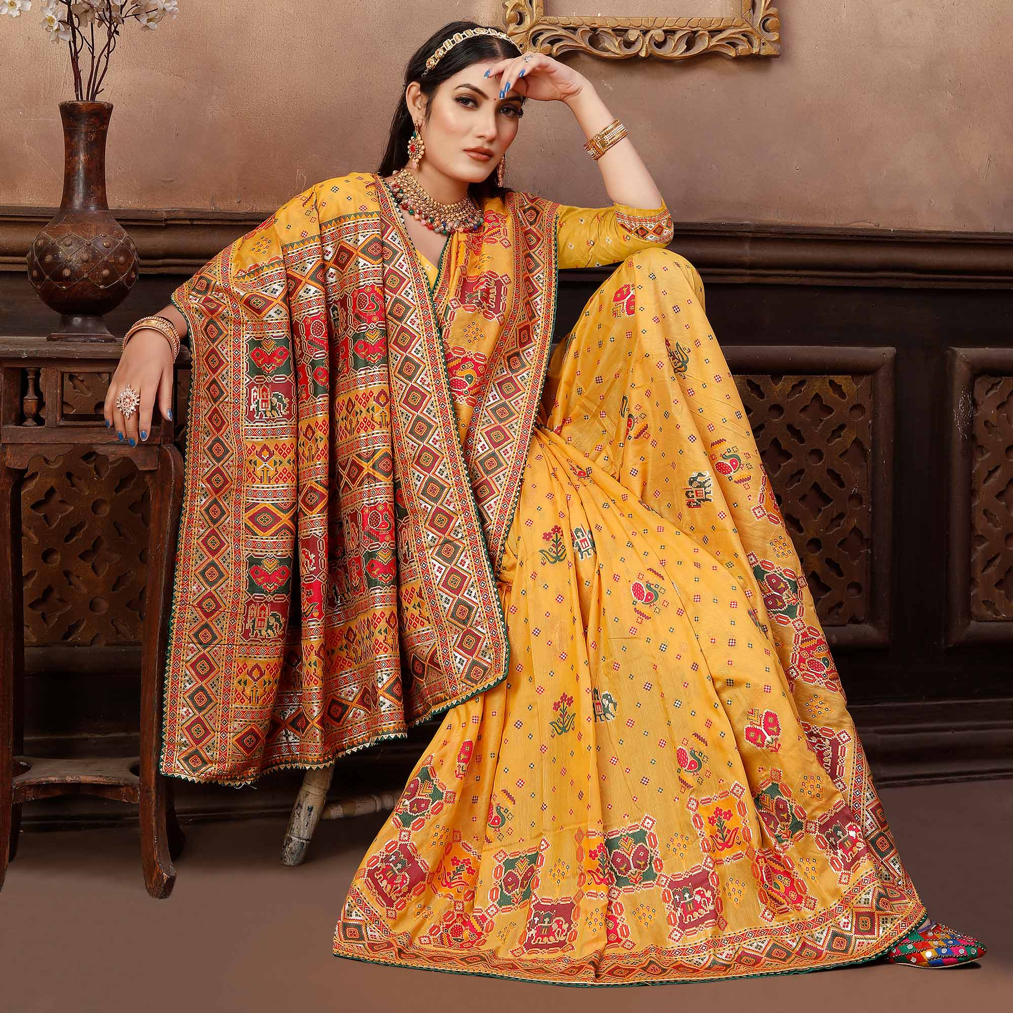 Yellow Woven With Gota Patti Work Pashmina Saree