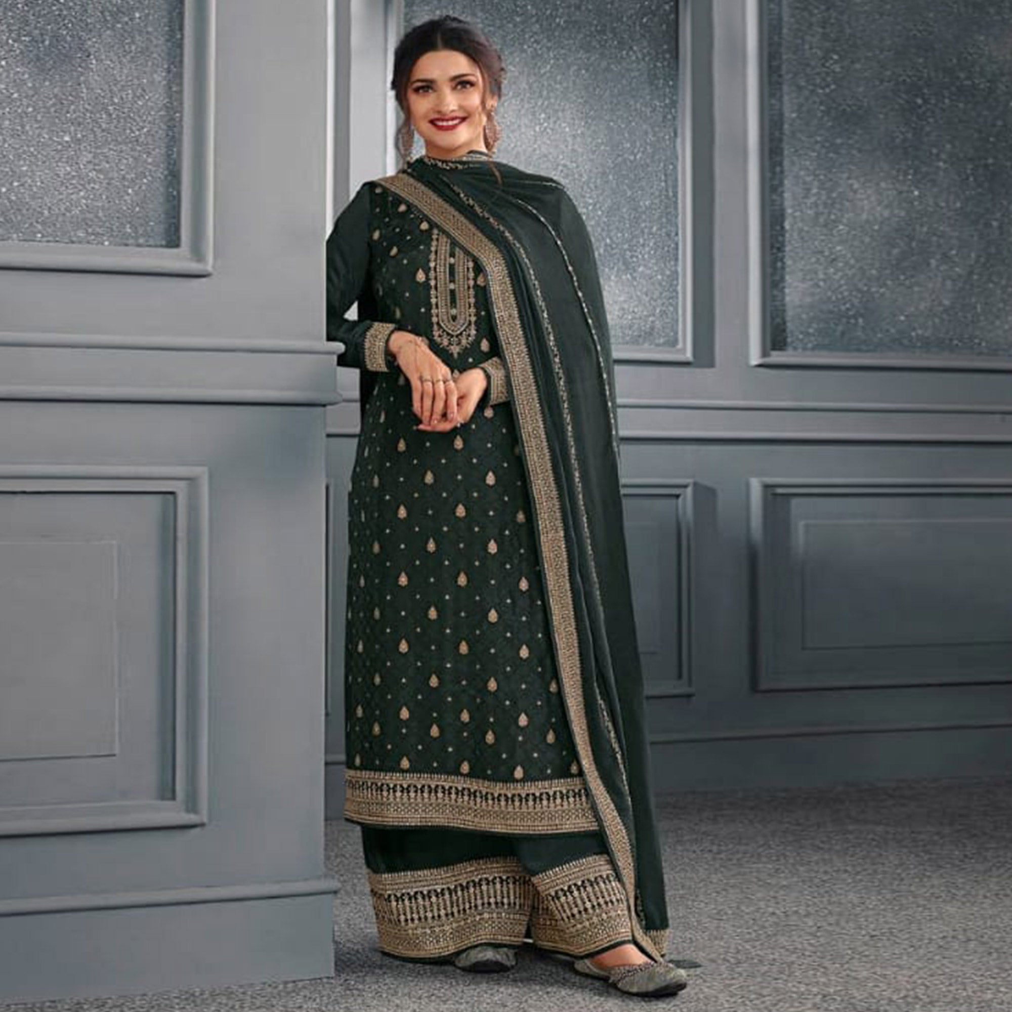 Green Woven With Sequins Embroidered Dola Silk Palazzo Suit