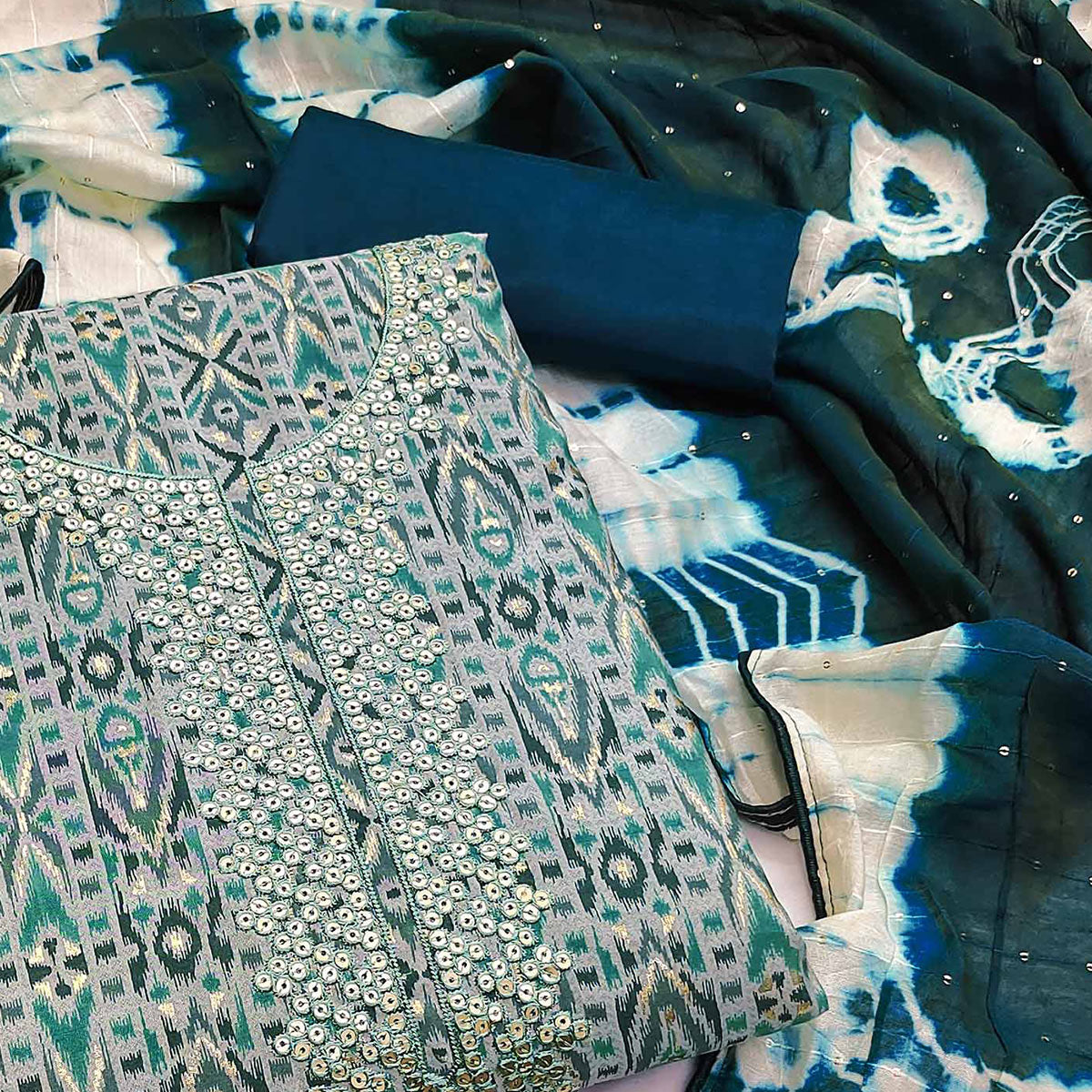 Green Ikkat Printed Modal Dress Material