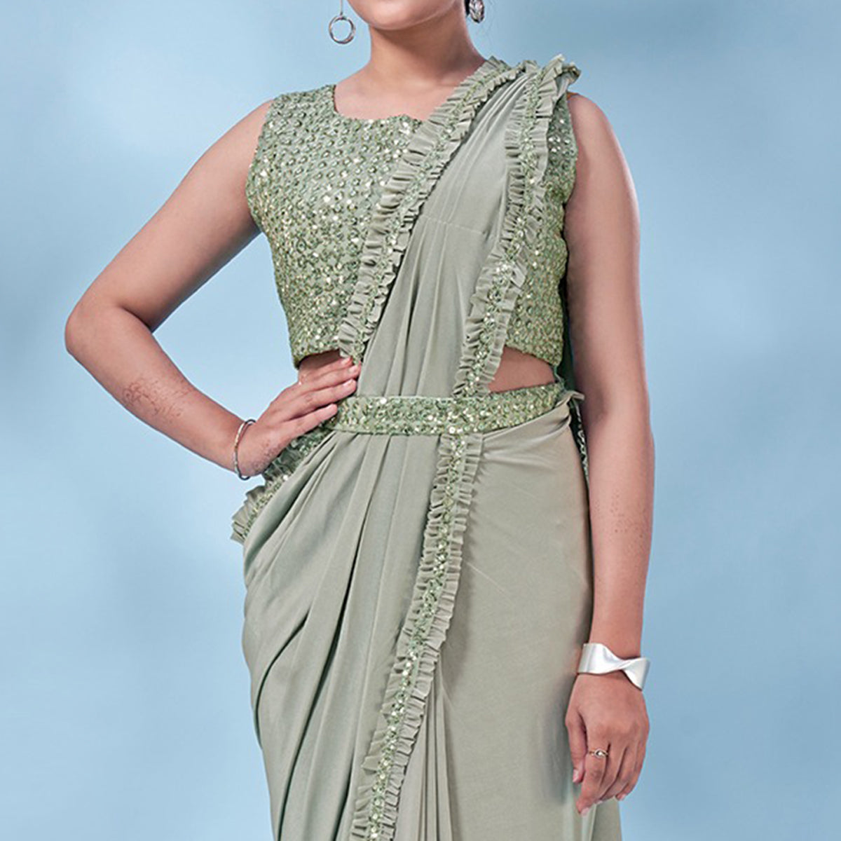 Green Sequins Embroidered Ready to Wear Lycra Saree