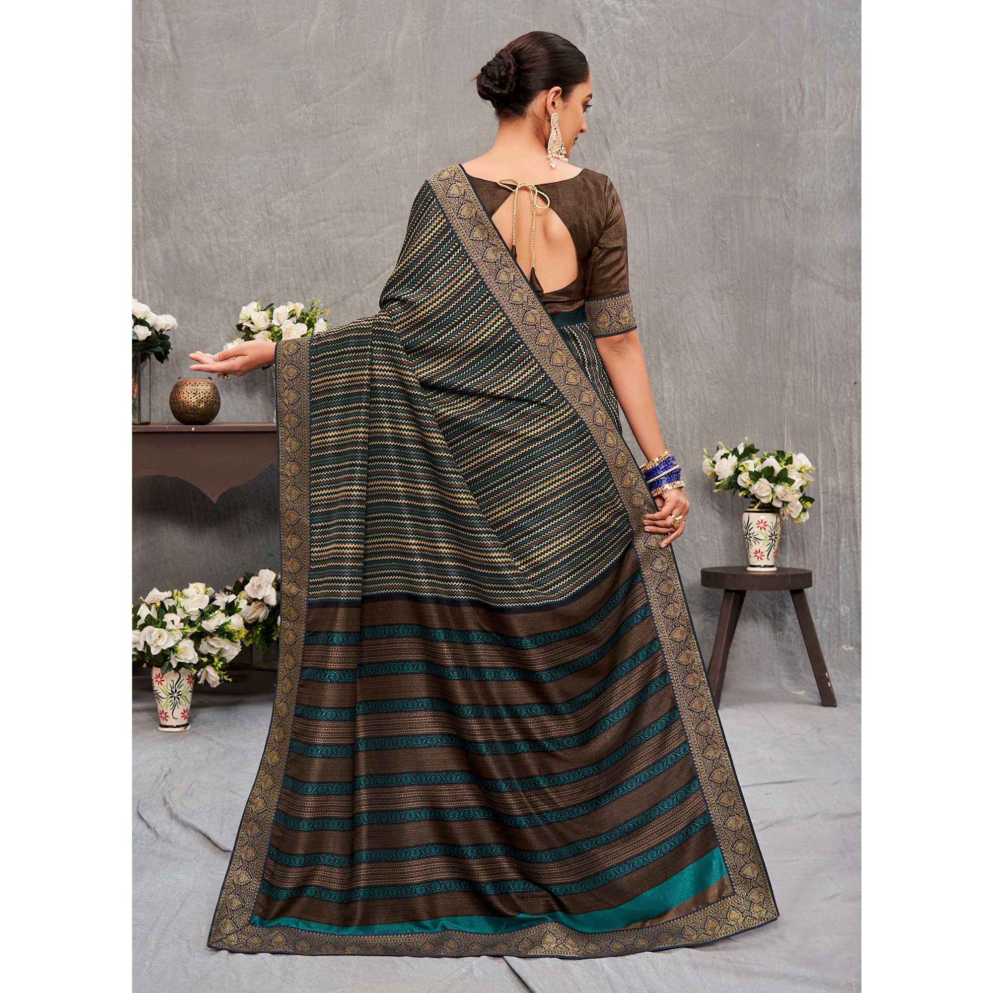 Multicolor Printed With lace Border Tussar Silk Saree