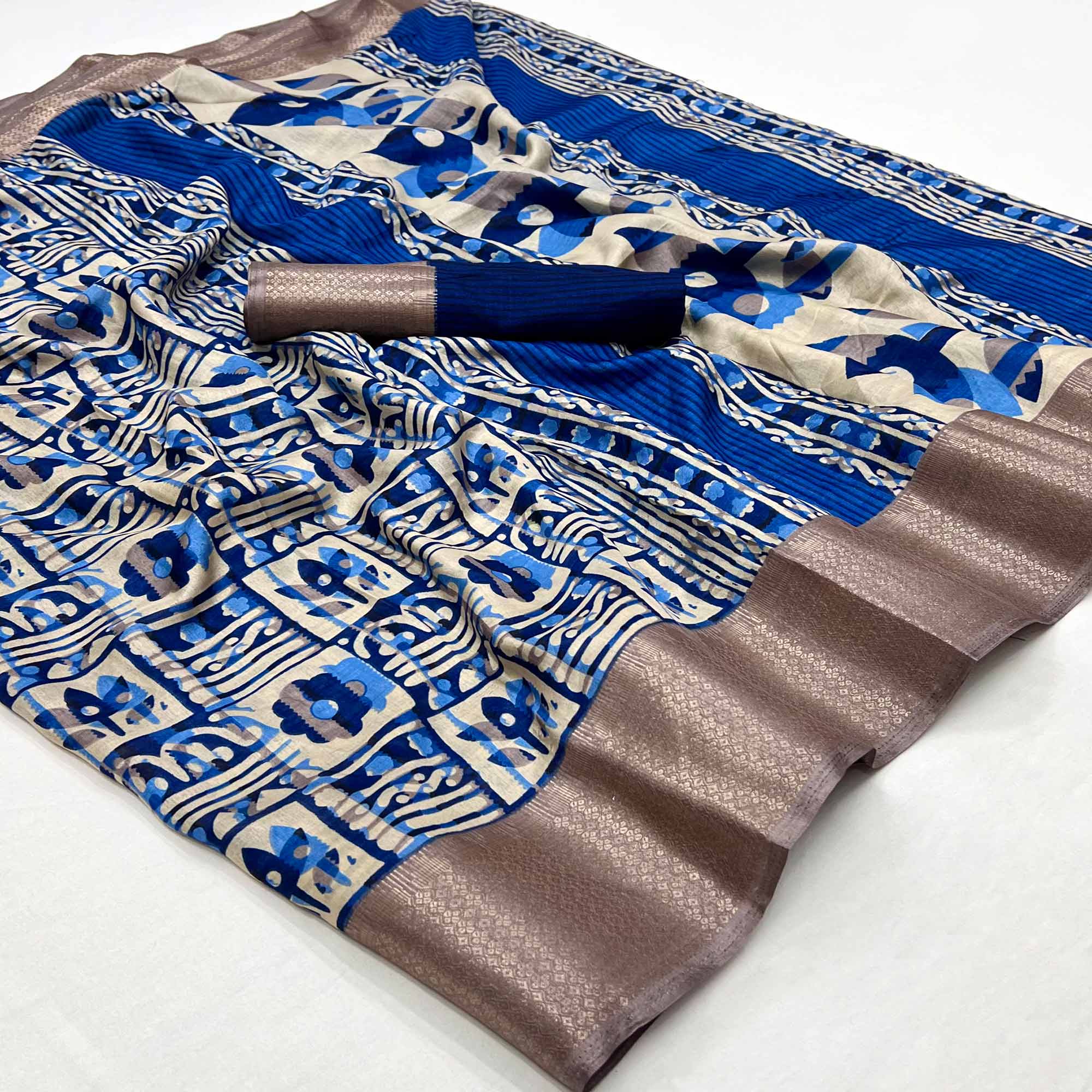 Royal Blue Printed With Woven Border Dola Silk Saree