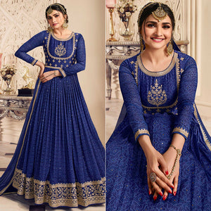 Blue Printed With Embroidered Chiffon Gown