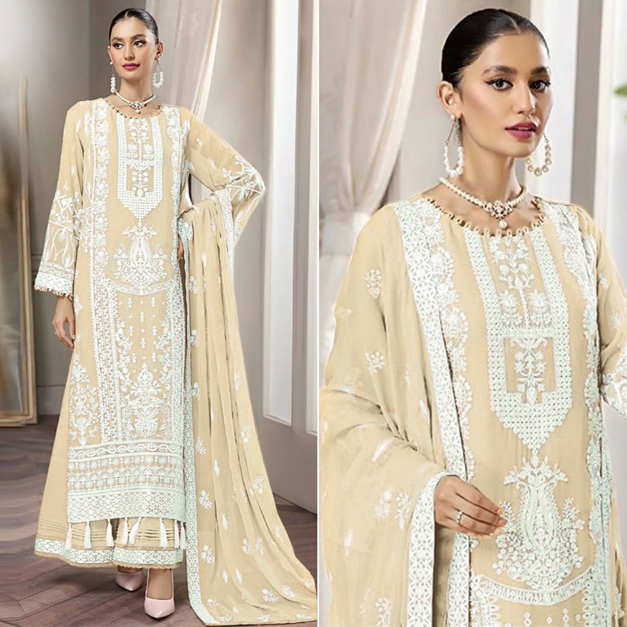 Cream Floral Embroidered Georgette Pakistani Suit