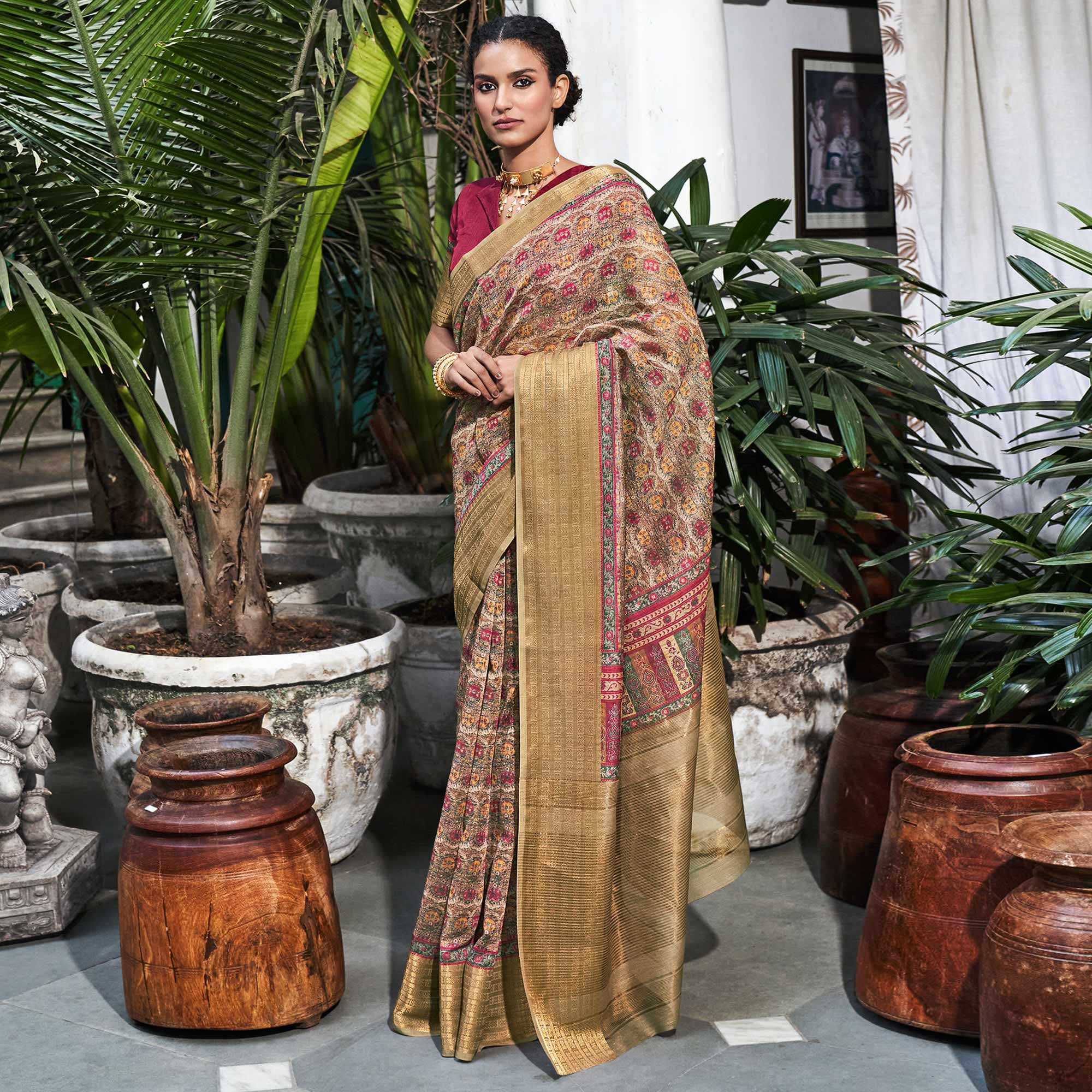 Multicolor Digital Printed Linen Saree