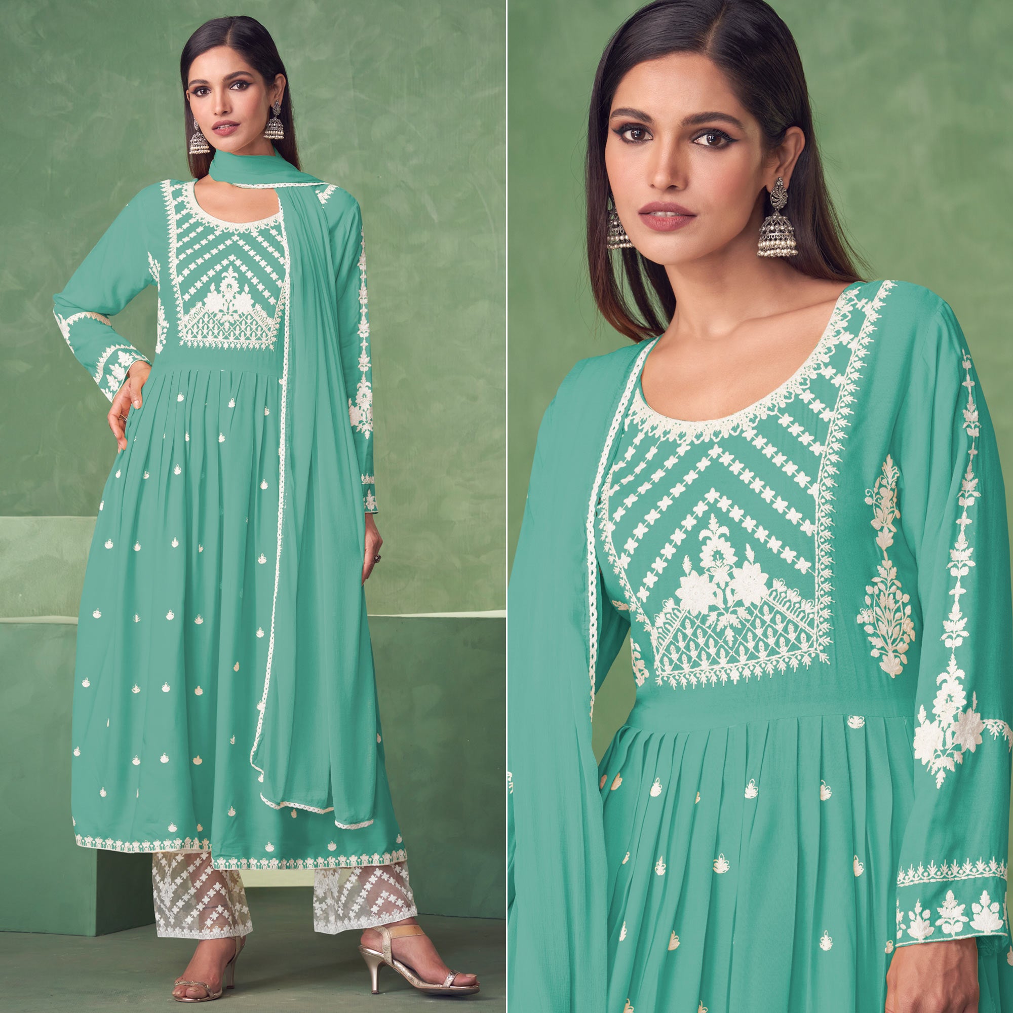 Turquoise Lucknowi Work Rayon Naira Cut Palazzo Suit