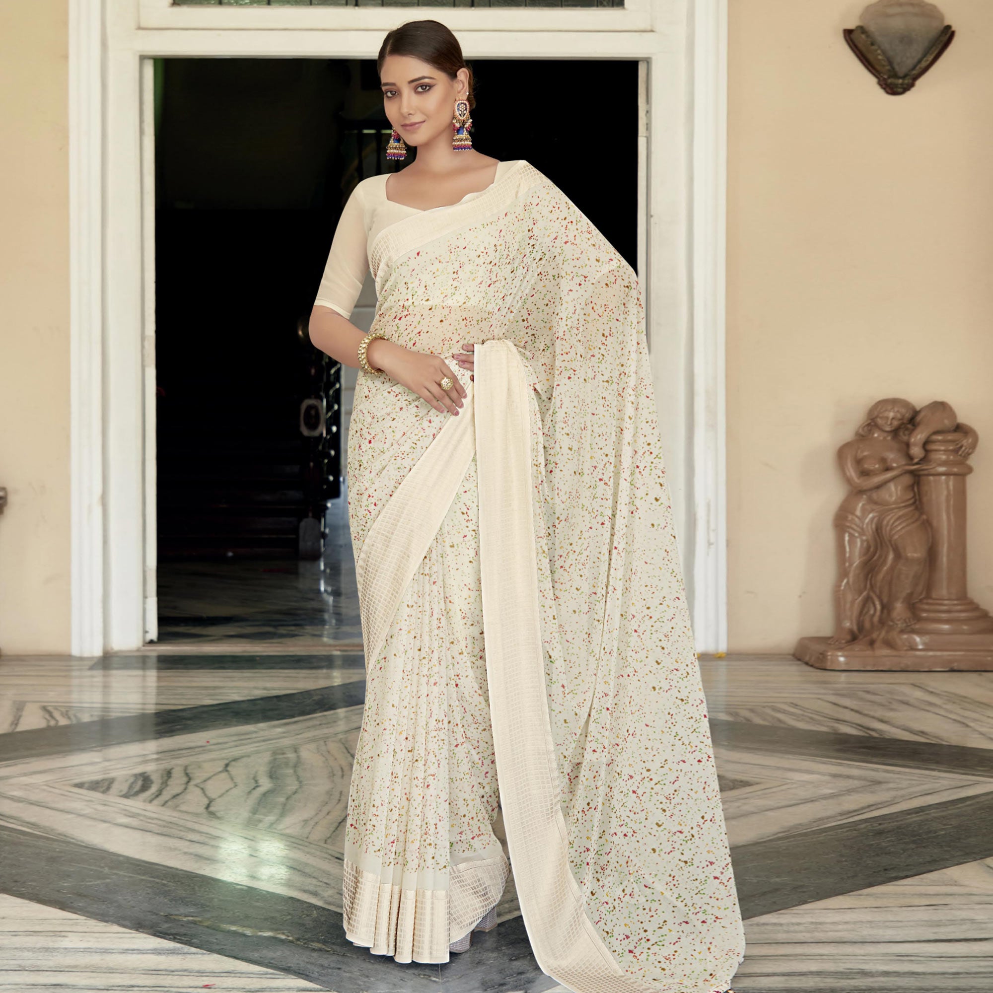 Off White Printed Georgette Saree With Checks Border