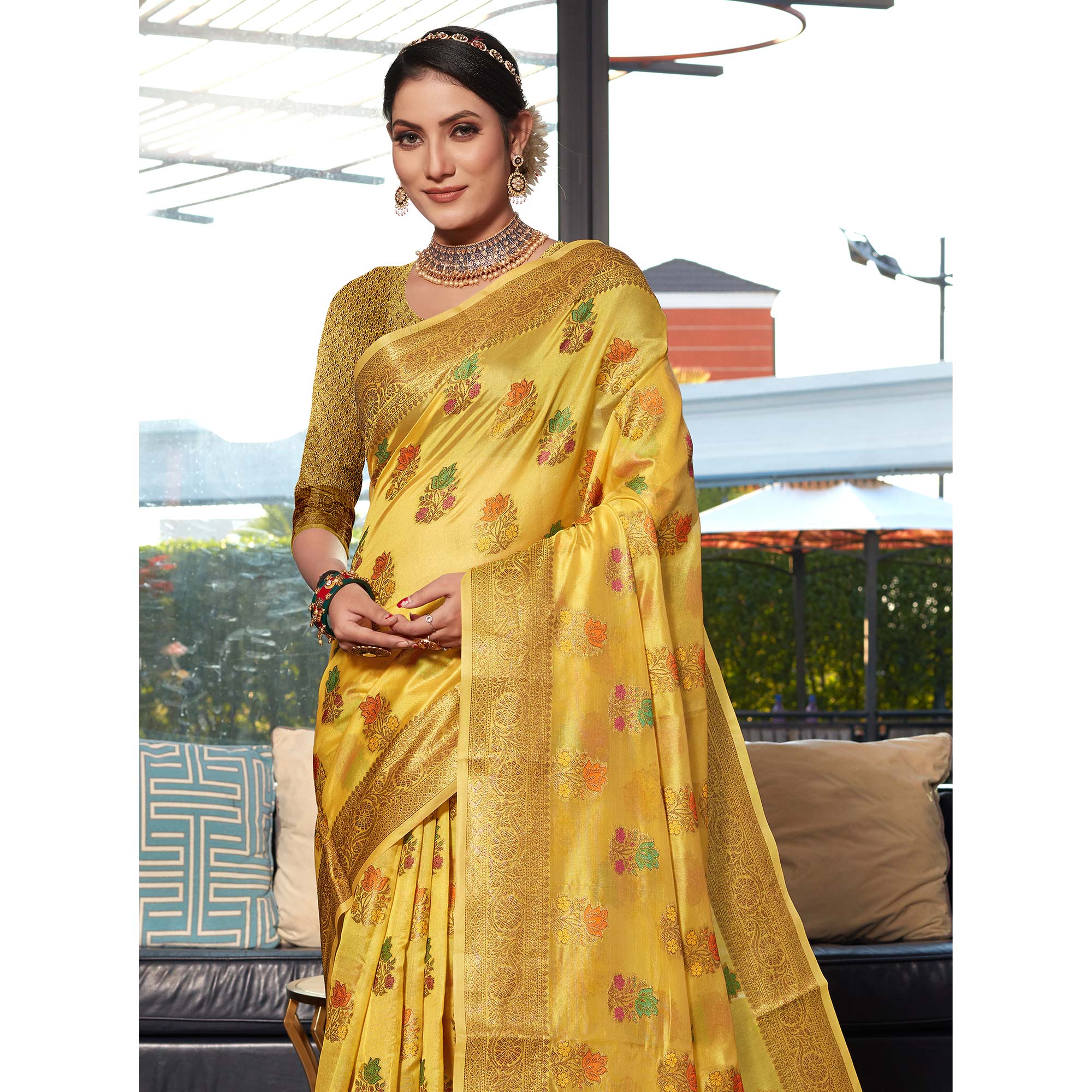 Yellow Floral Woven Organza Saree