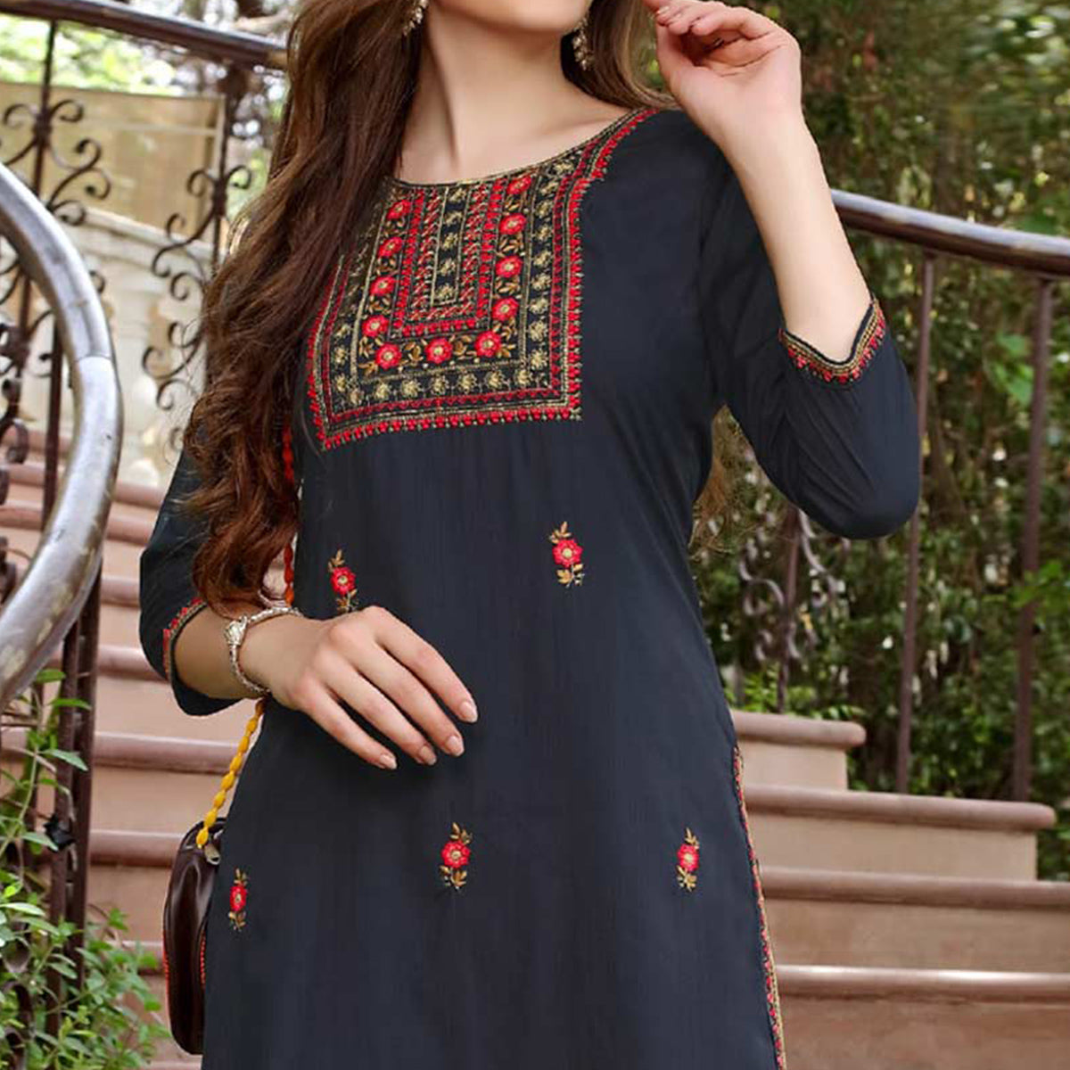 Navy Blue Floral Embroidered Muslin Kurti