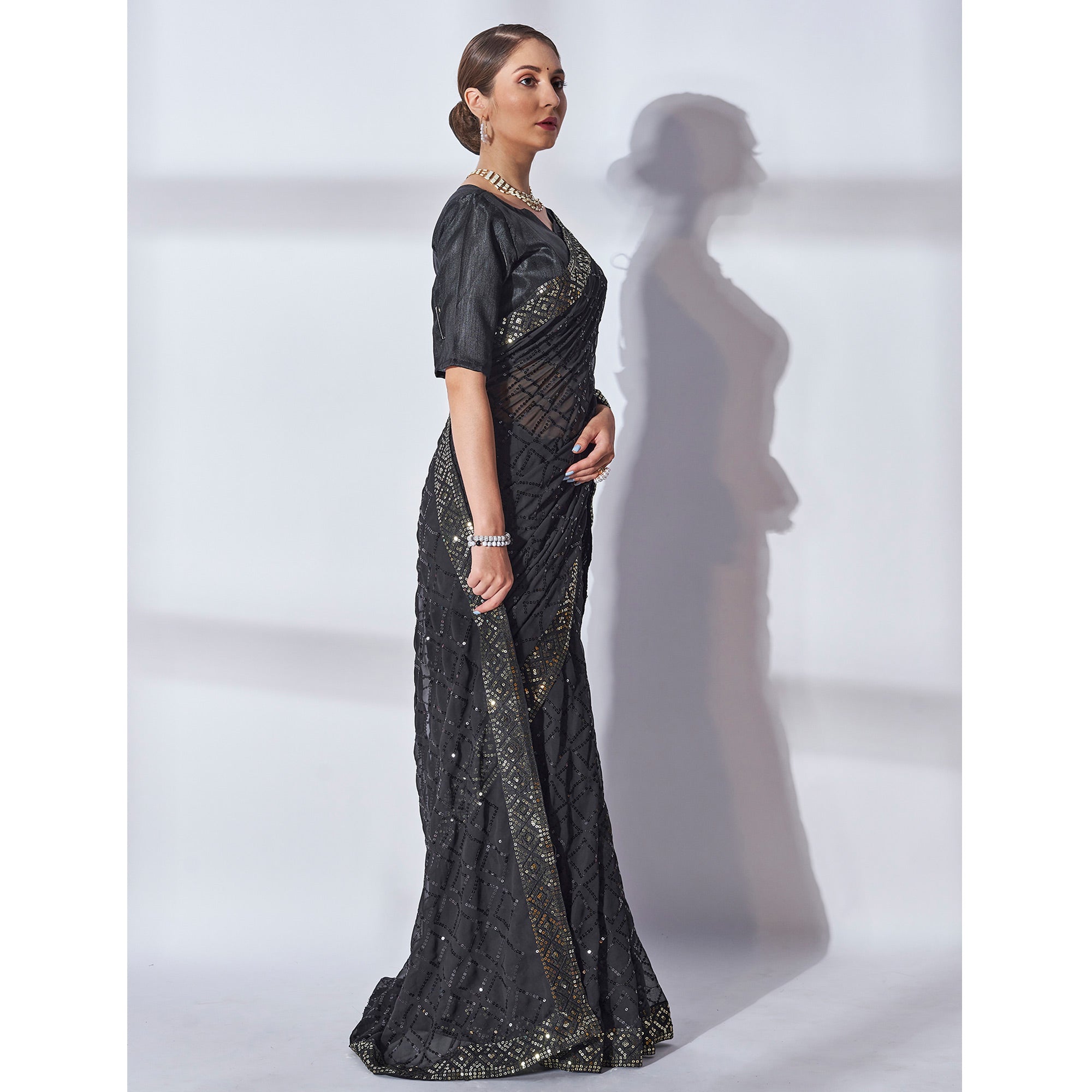 Black Sequins Embroidered Georgette Saree