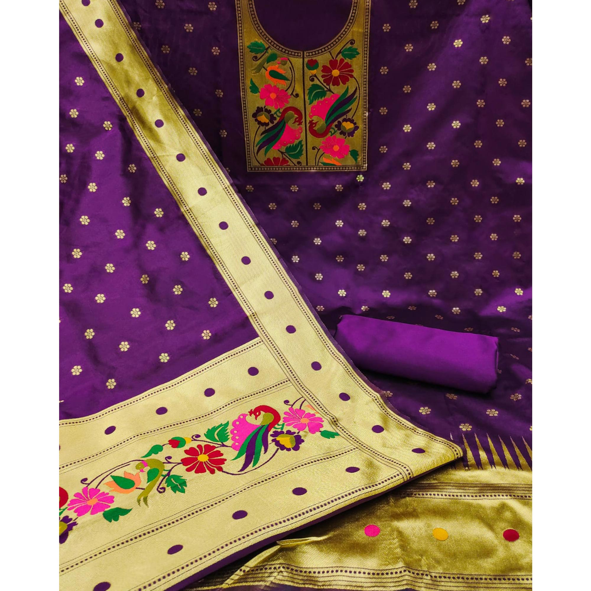 Purple Woven Banarasi Silk Paithani Dress Material