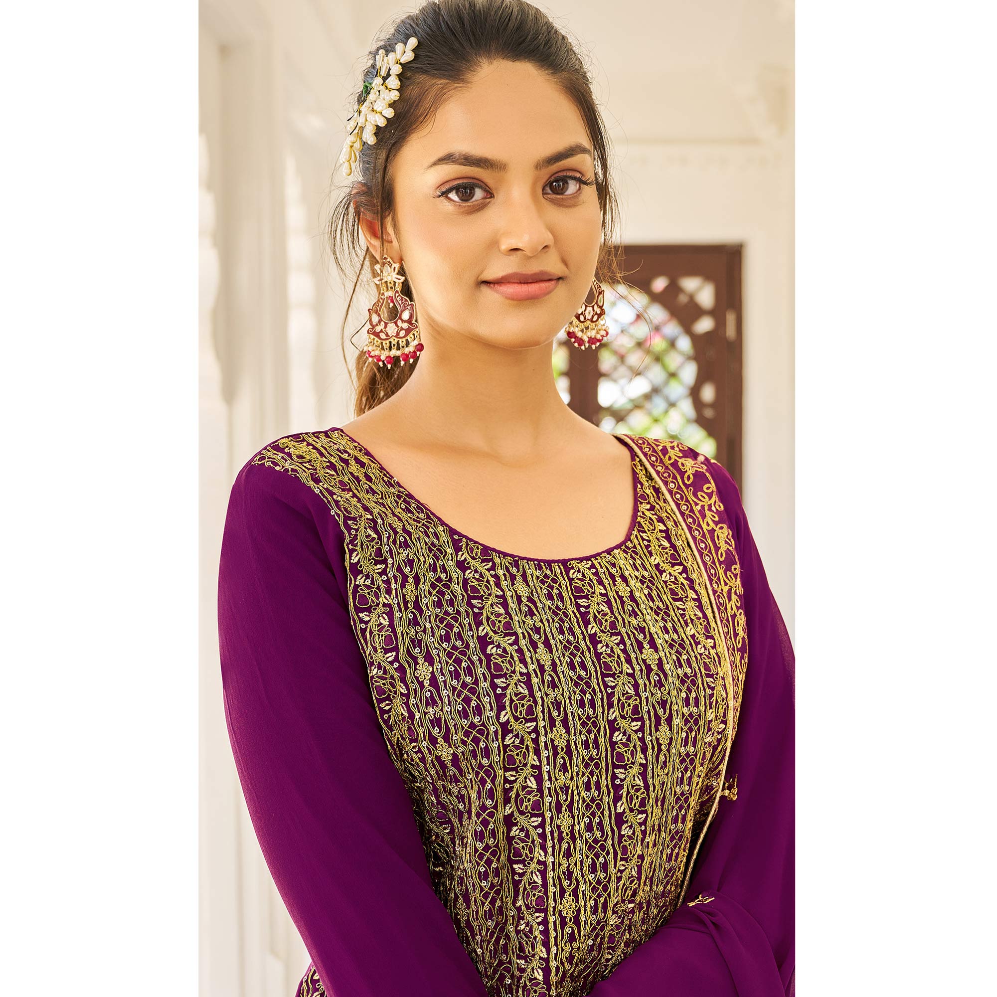 Purple Sequins Embroidered Georgette Suit