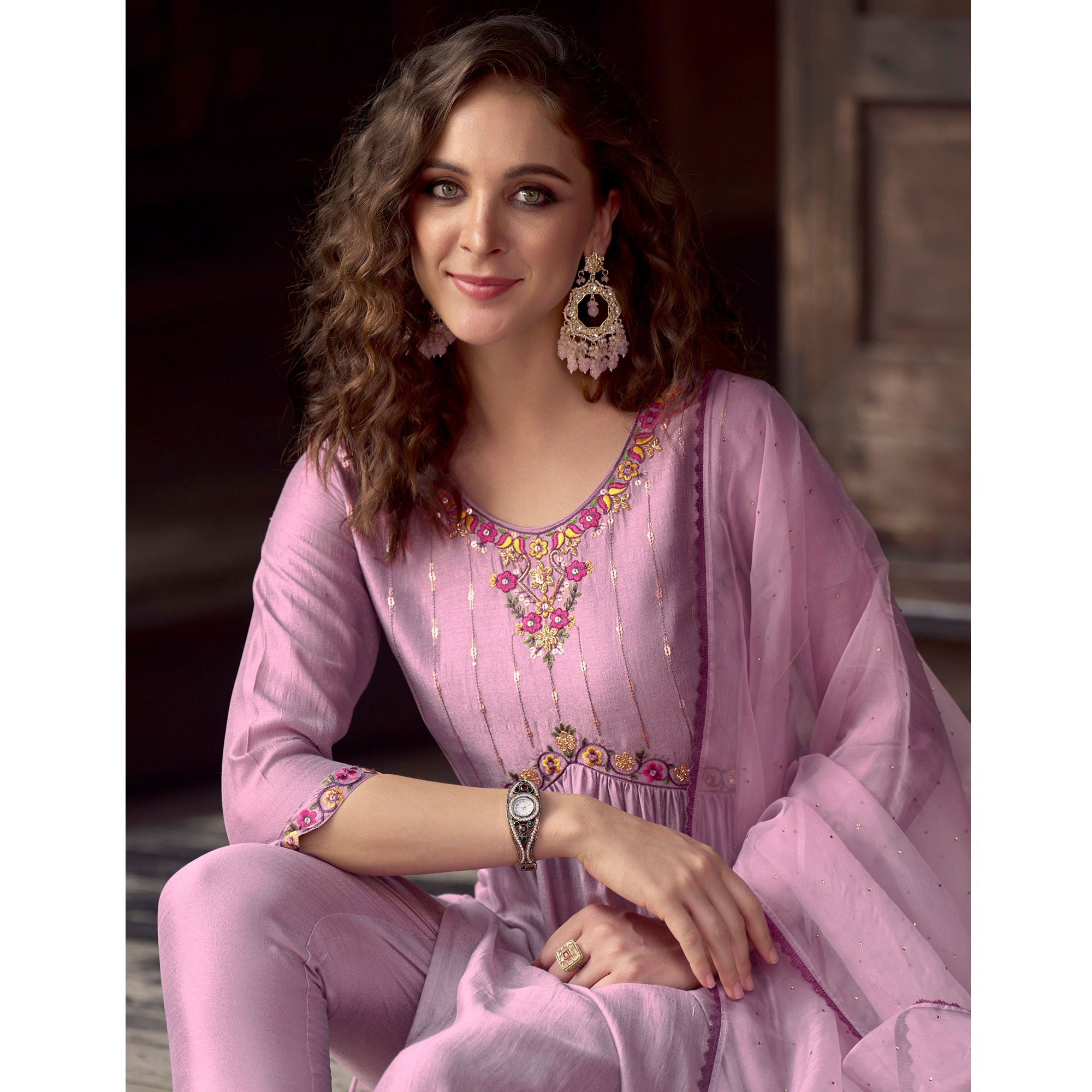 Pink Floral Embroidered Art Silk Naira Cut Suit