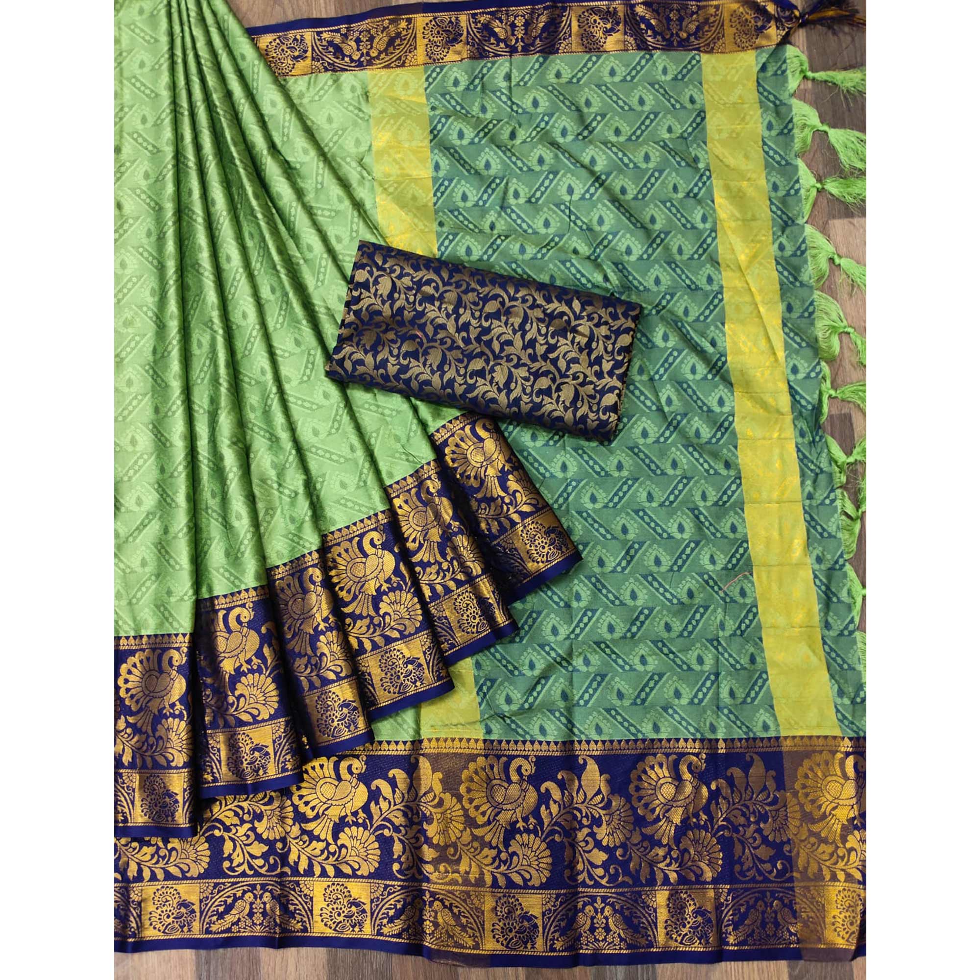 Pista Green Woven Cotton Silk Saree With Tassels