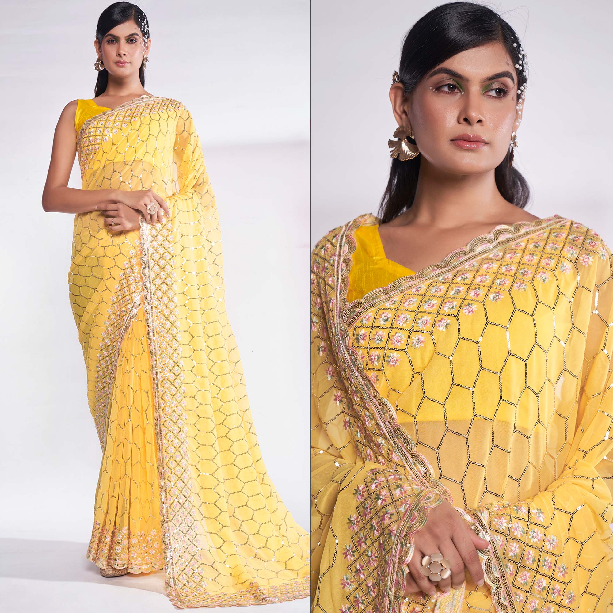 Yellow Sequins Embroidered Georgette Saree