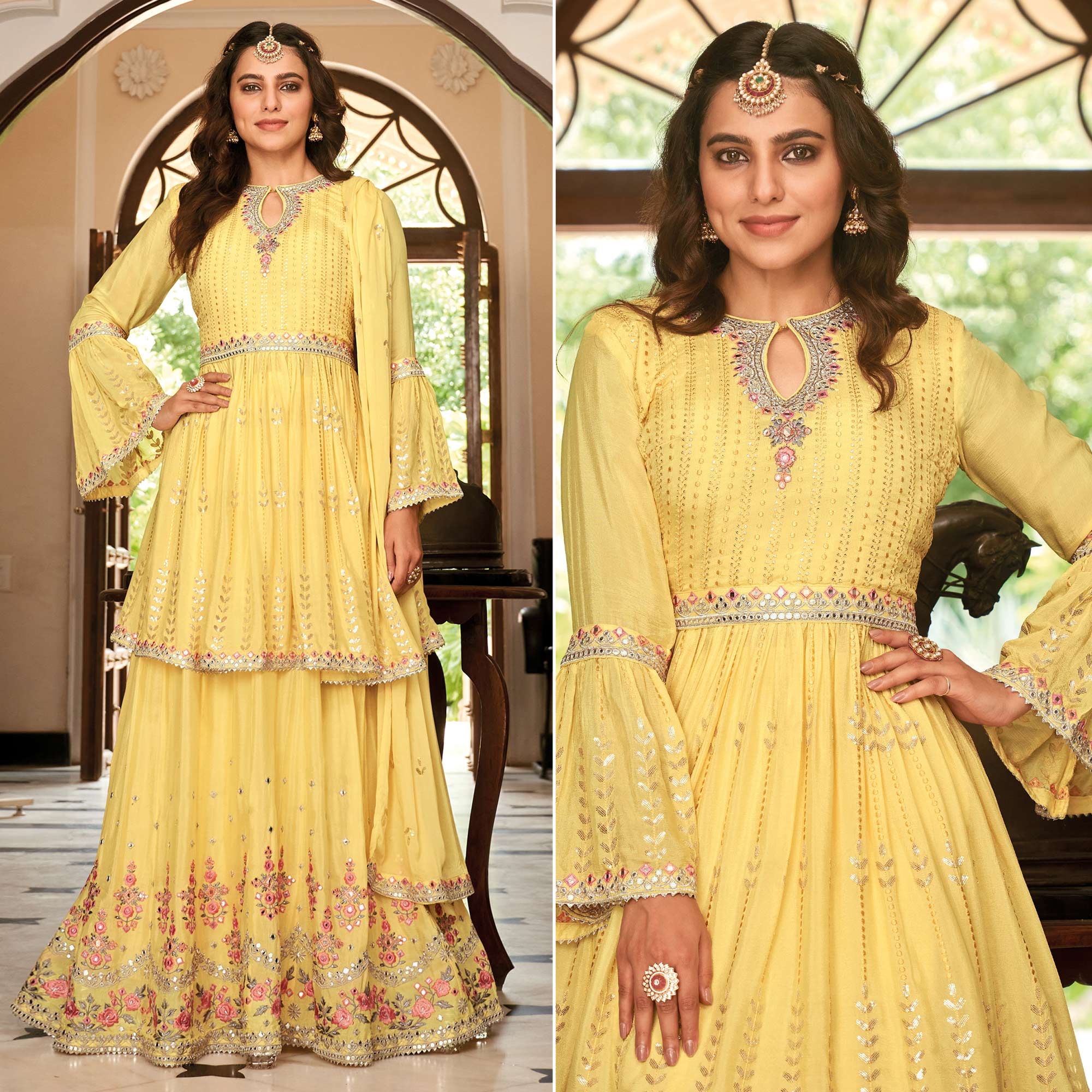 Yellow Floral Sequins Embroidered Chiffon Semi Stitched Sharara Suit