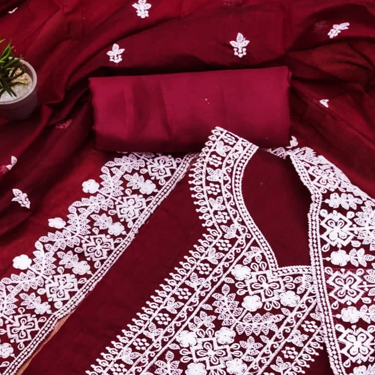 Maroon Lucknowi Embroidered Modal Dress Material