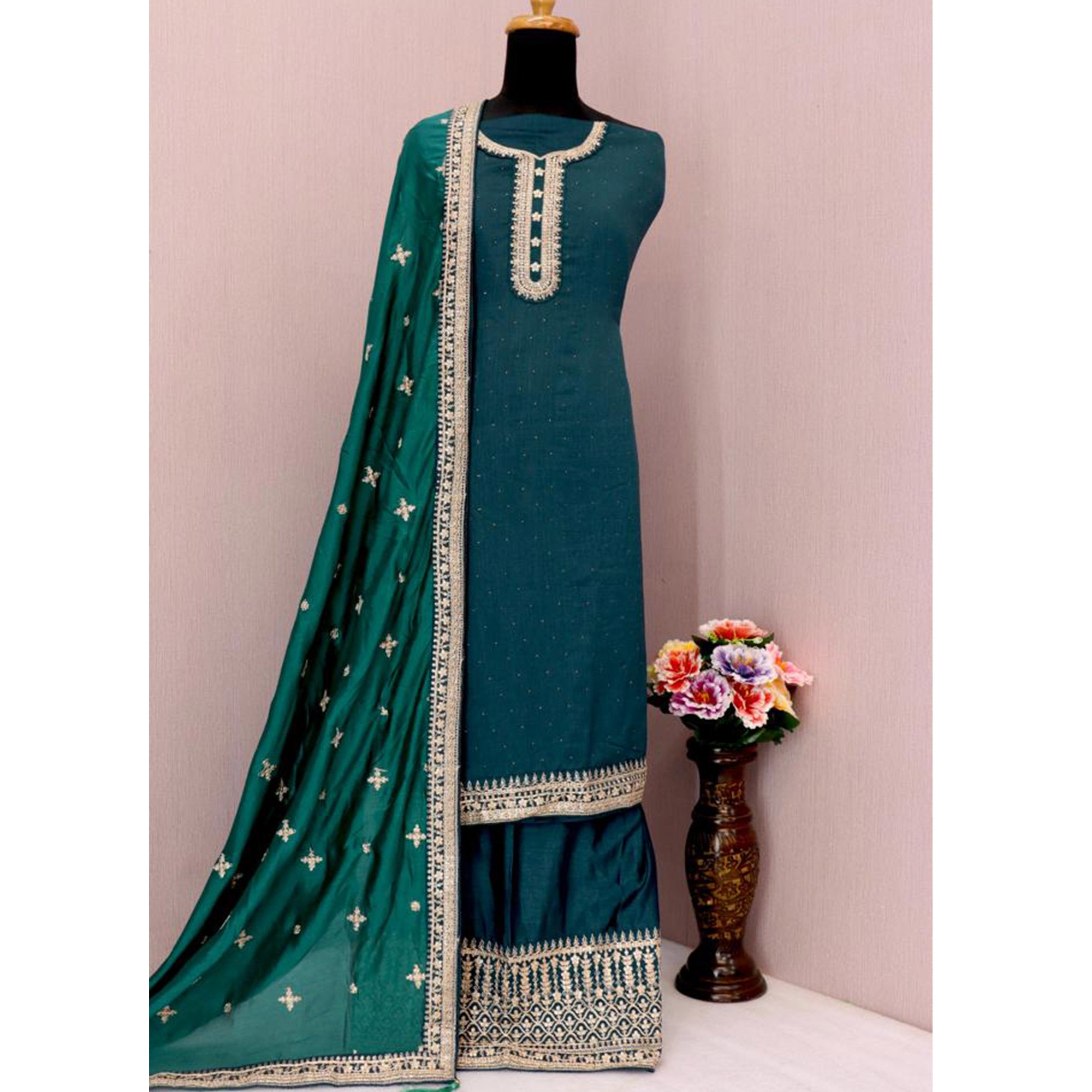 Aqua Blue Embroidered Georgette Palazzo Suit