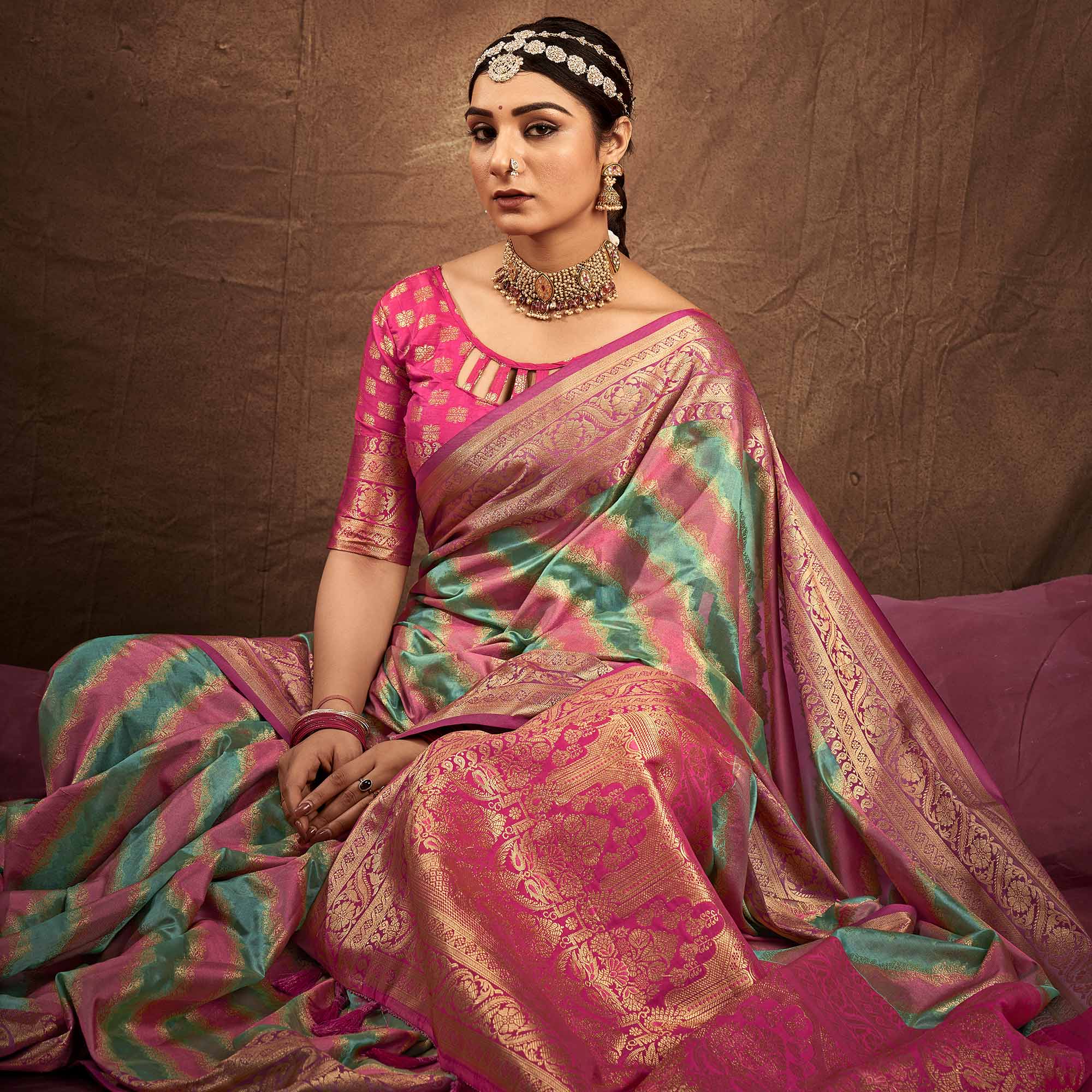 Green & Pink Woven Art Silk Saree