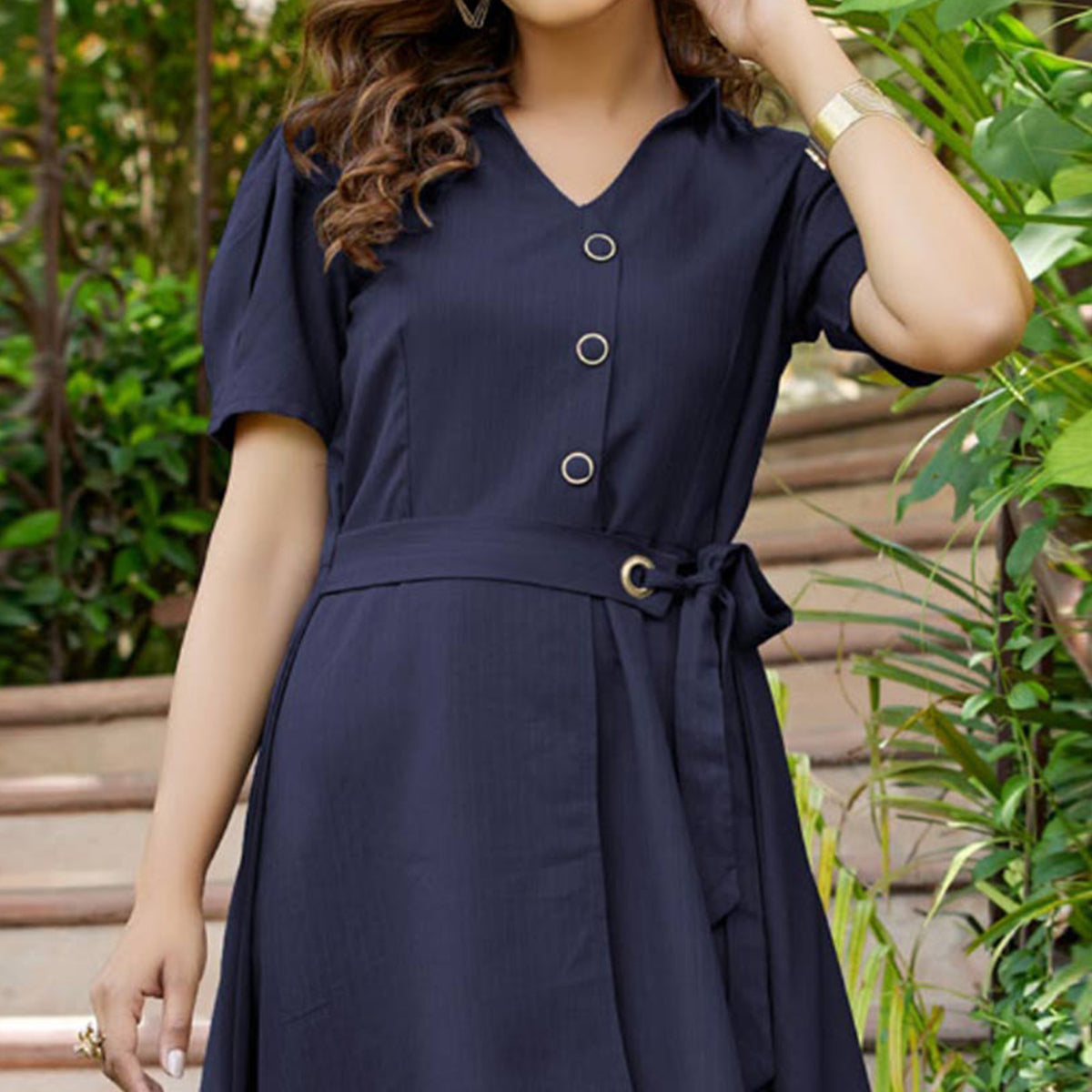 Navy Blue Solid Cotton Dress