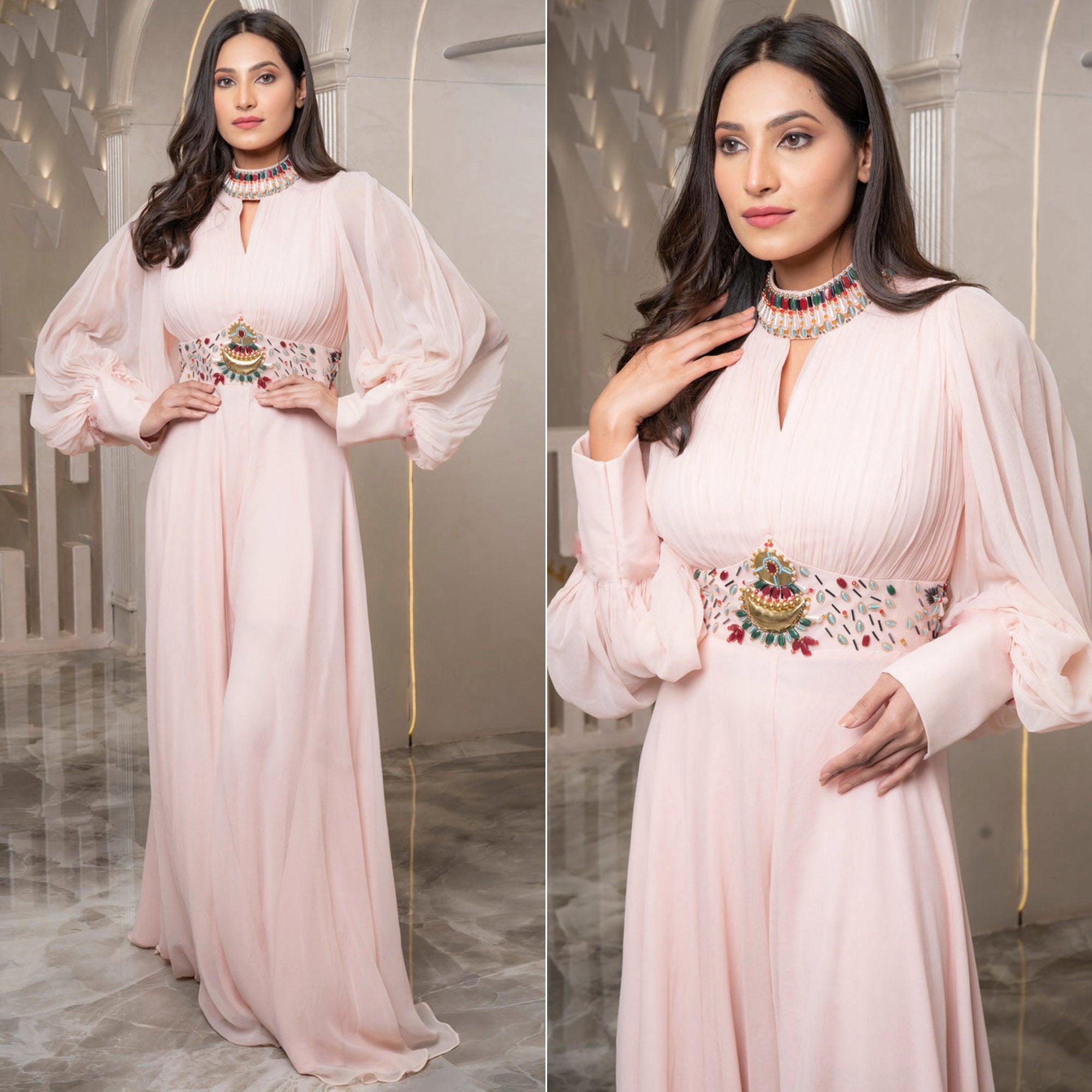 Baby Pink Zardozi Work Georgette Jumpsuit