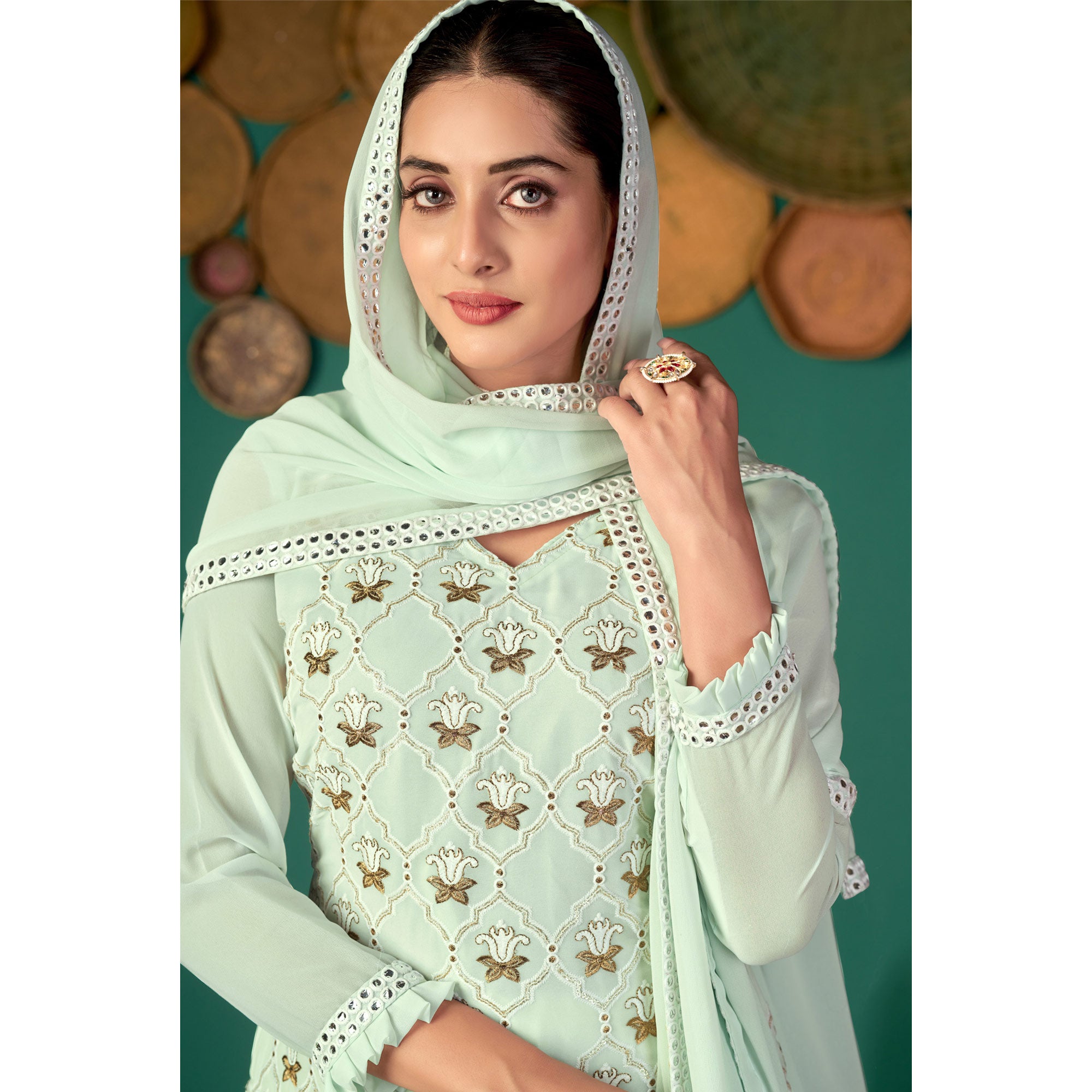 Pastel Green Floral Embroidered Georgette Suit