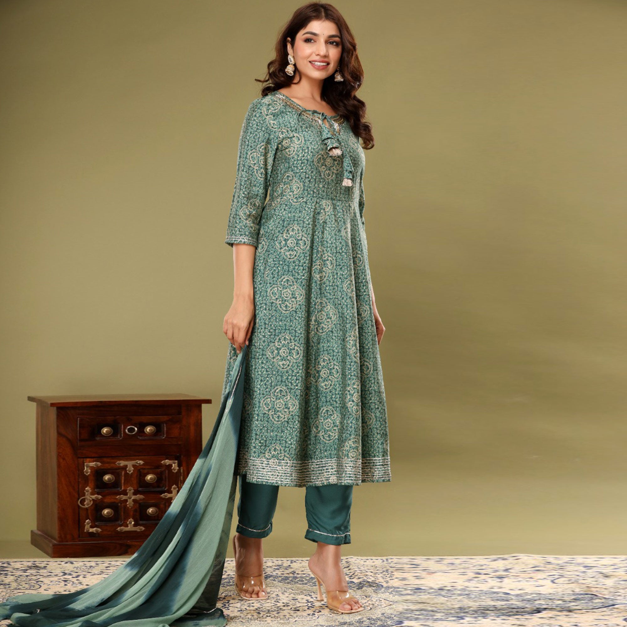 Green Printed With Gota Patti Work Muslin Anarkali Suit