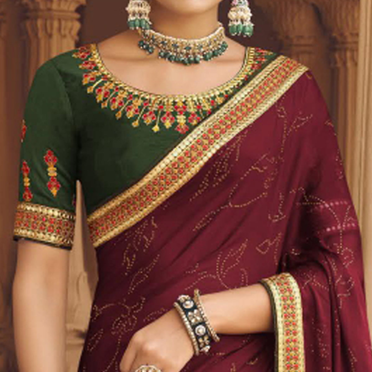 Maroon Embellished With Embroidered Border Satin Saree