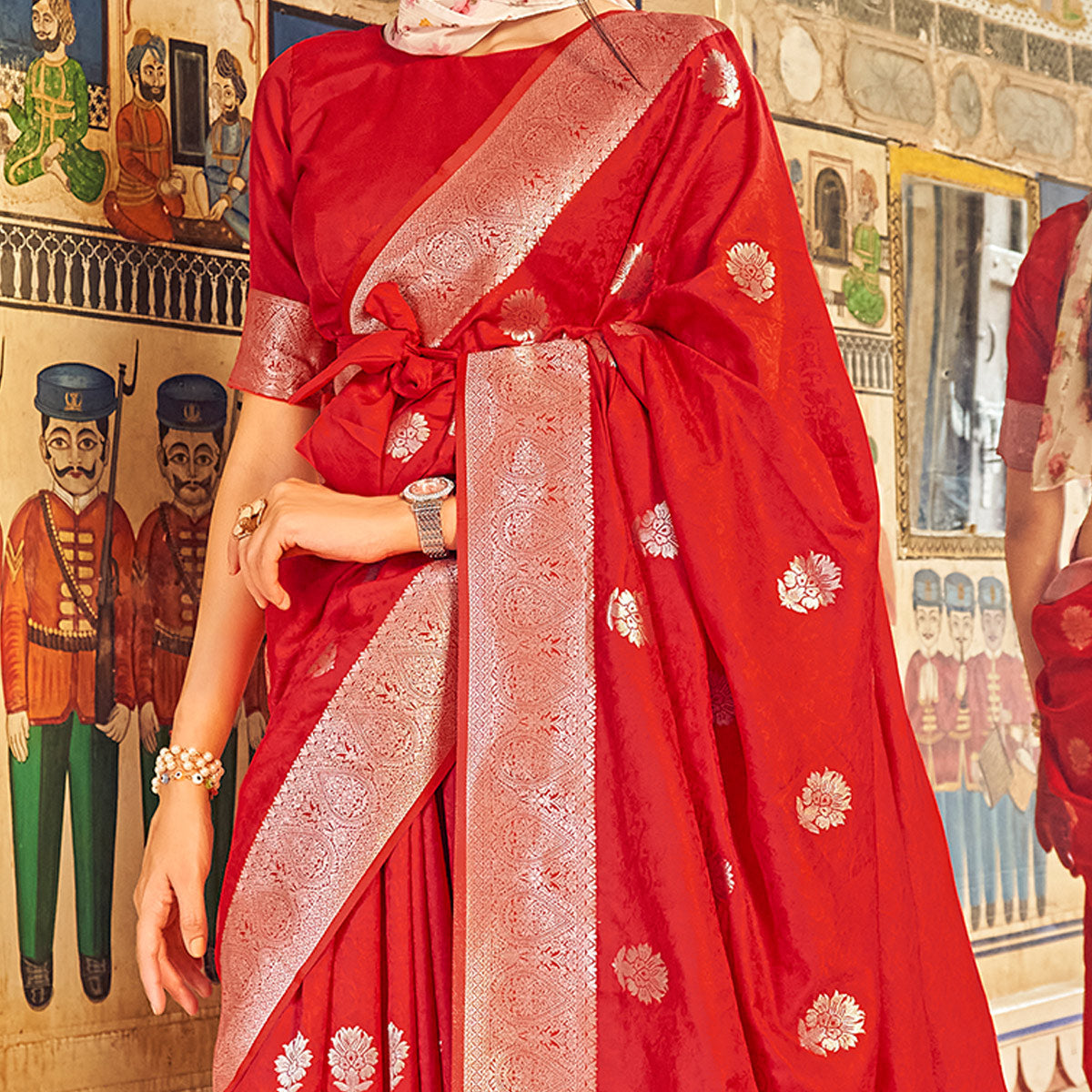 Red Woven Satin Saree