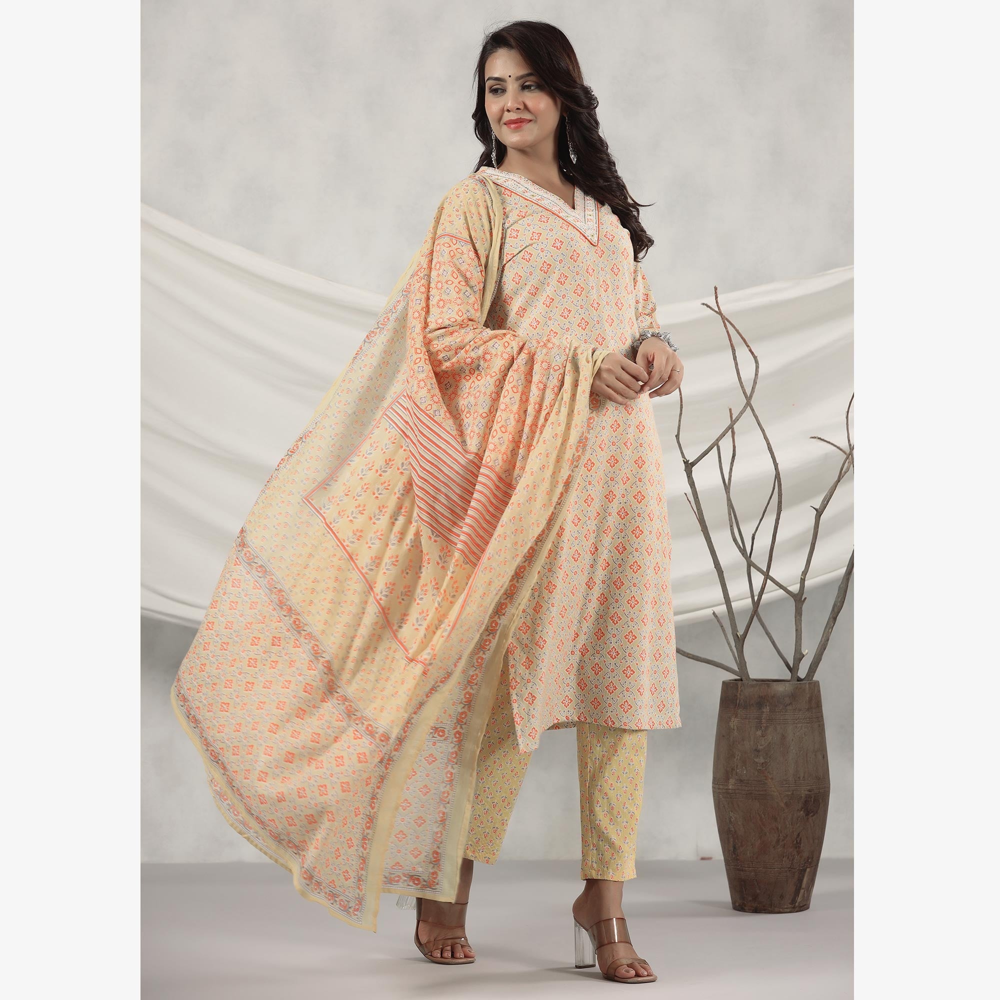 Yellow Jaipuri Printed Pure Cotton Suit