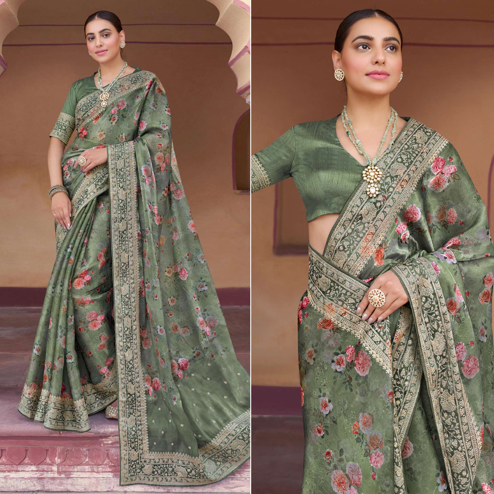 Olive Green Floral Printed With Embroidered Organza Saree