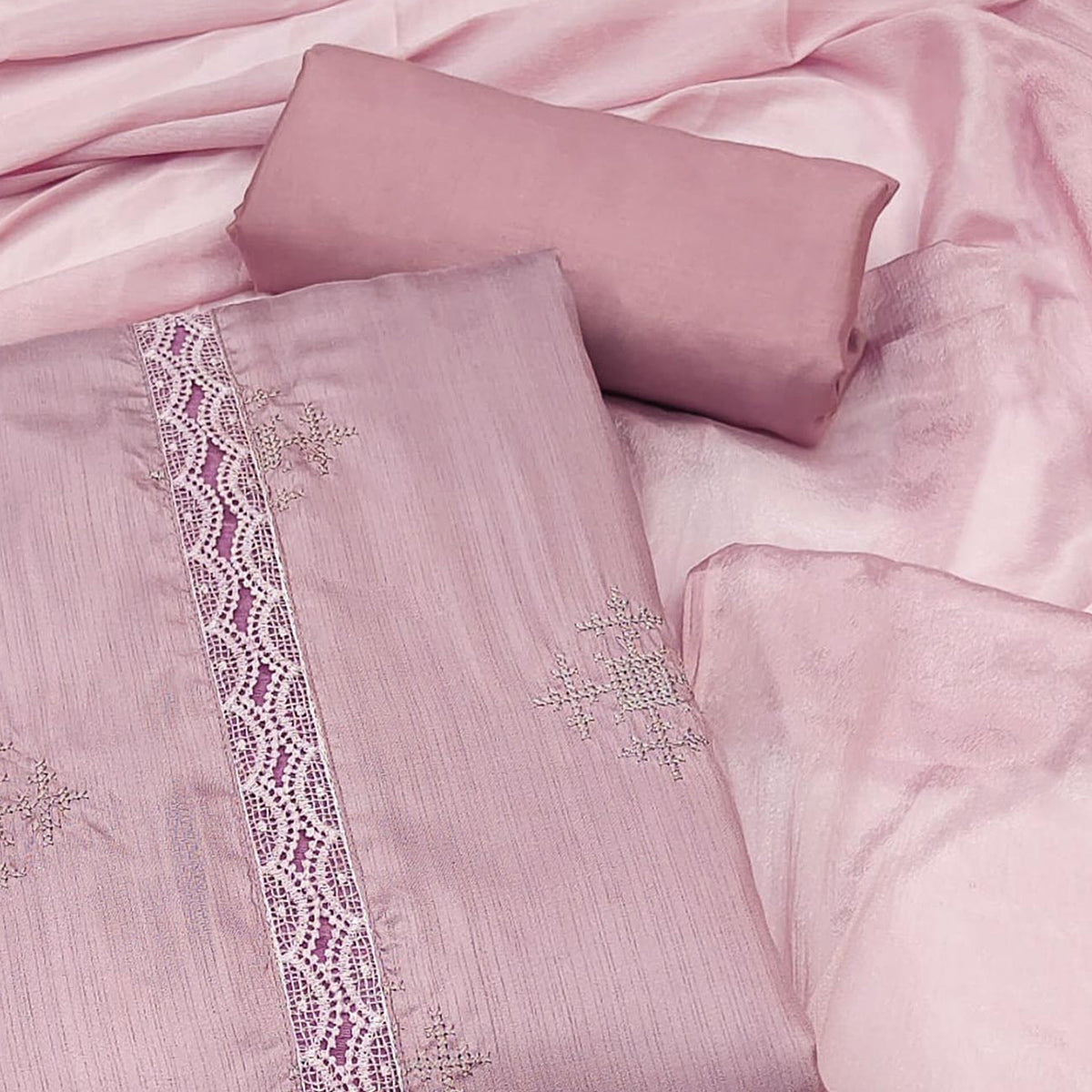 Pink Embroidered Raw Silk Dress Material